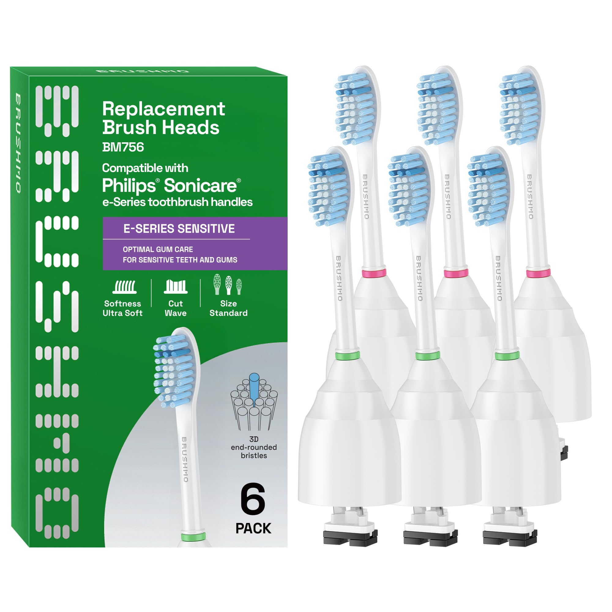 Brushmo e-Series Sensitive Replacement Toothbrush Heads, Compatible with Philips Sonicare Screw-on Electric Toothbrush Handles, 6 Standard Replacement Heads, Ultra Soft Dupont Bristles, BM756, White