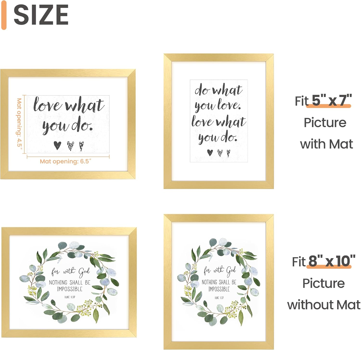 upsimples 8x10 Picture Frame, Display Pictures 5x7 with Mat or 8x10 Without Mat, Wall Hanging Photo Frame, Gold, 1 Pack - Image 3