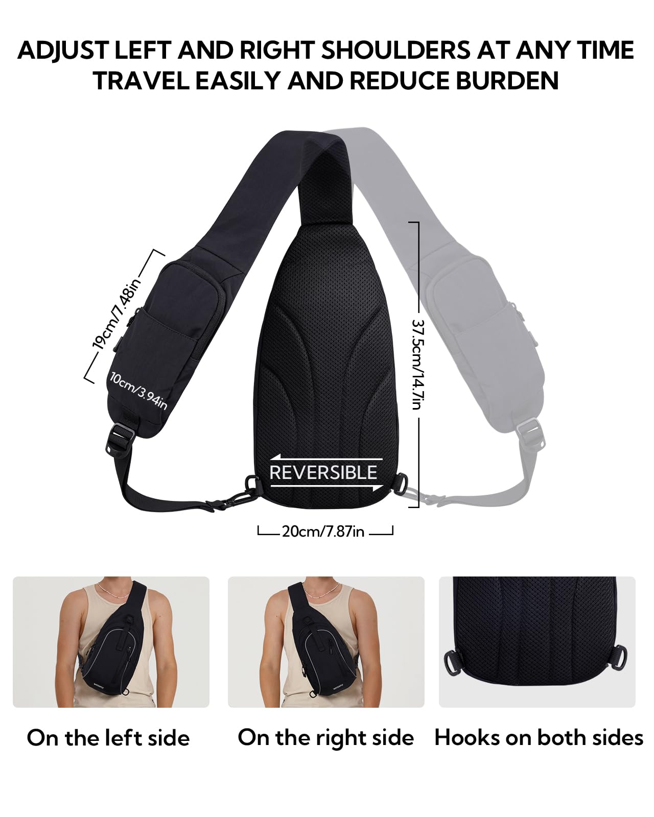 WATERFLY Torba na klatkę piersiową, torba na ramię, męska, mała torebka męska, torebka Sling Bag, damska torba listonoszka, crossbody, do uprawiania sportów na świeżym powietrzu, podróży, jazdy na