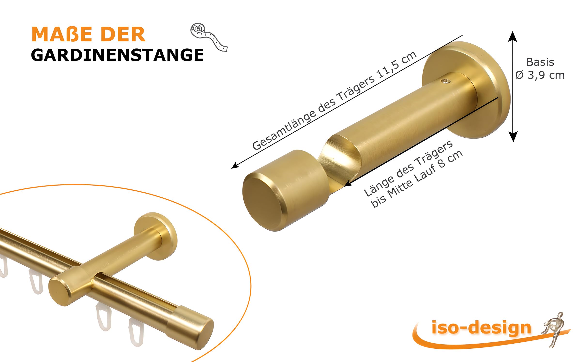 iso-design Gardinenstange Innenlauf Farbe Messing matt 20 mm Durchmesser Wandmontage Innenlaufstange aus Metall Wandabstand 8 cm, 280 cm (2 x 140 cm)
