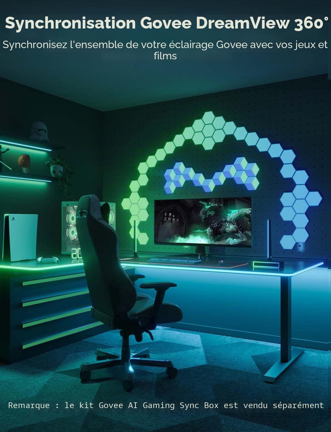 Govee RGBIC Ruban LED néon pour bureau de jeu, bande LED de 5 m, découpable, panneau néon compatible avec Razer Chroma, 11 musiques, 64 scènes et plus, contrôle par application RVB