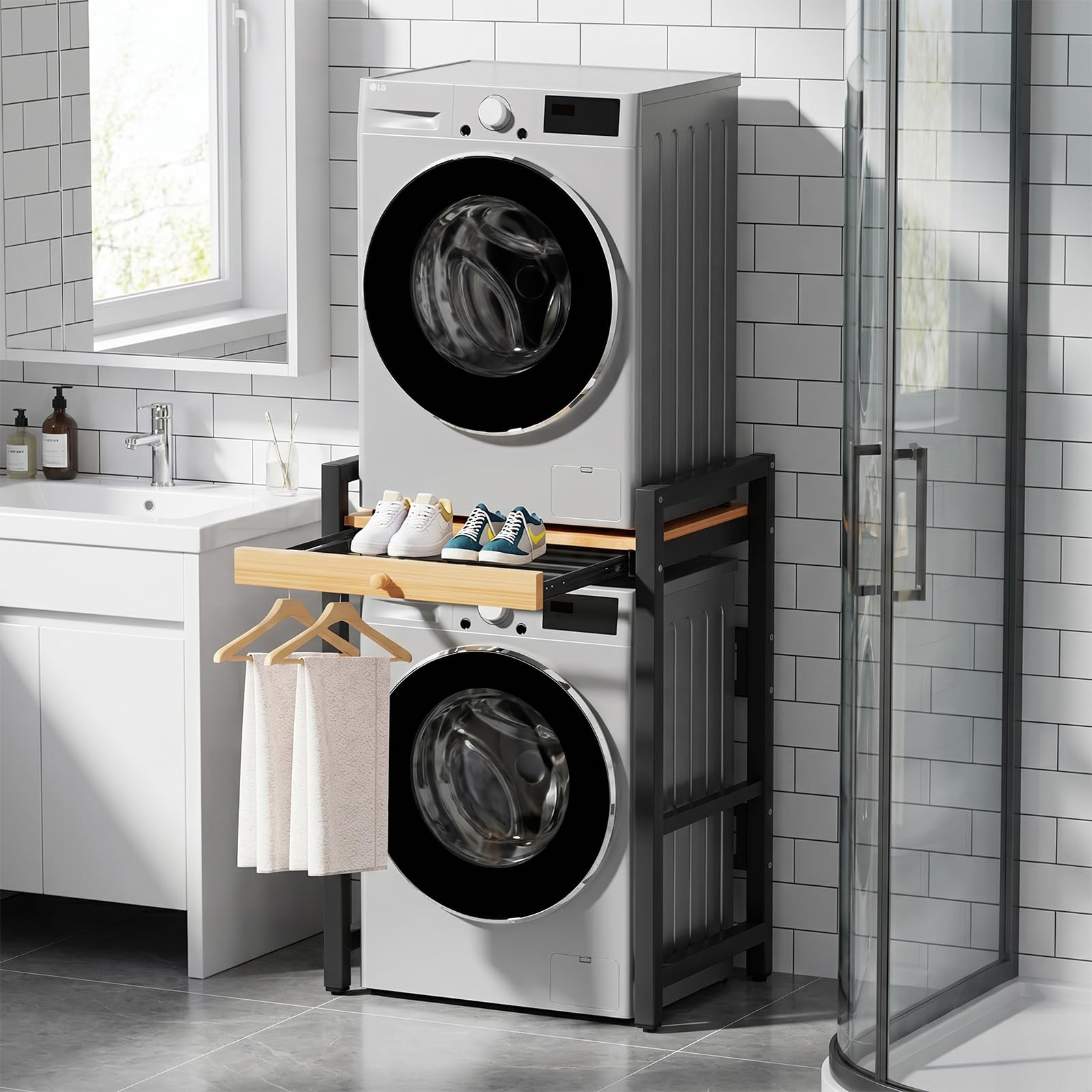 Étagère Machine à Laver, Meuble Machine à Laver et Seche Linge, Charge de 350kg, Support Machine a Laver pour Buanderie Salon Salle De Bain (Noir)