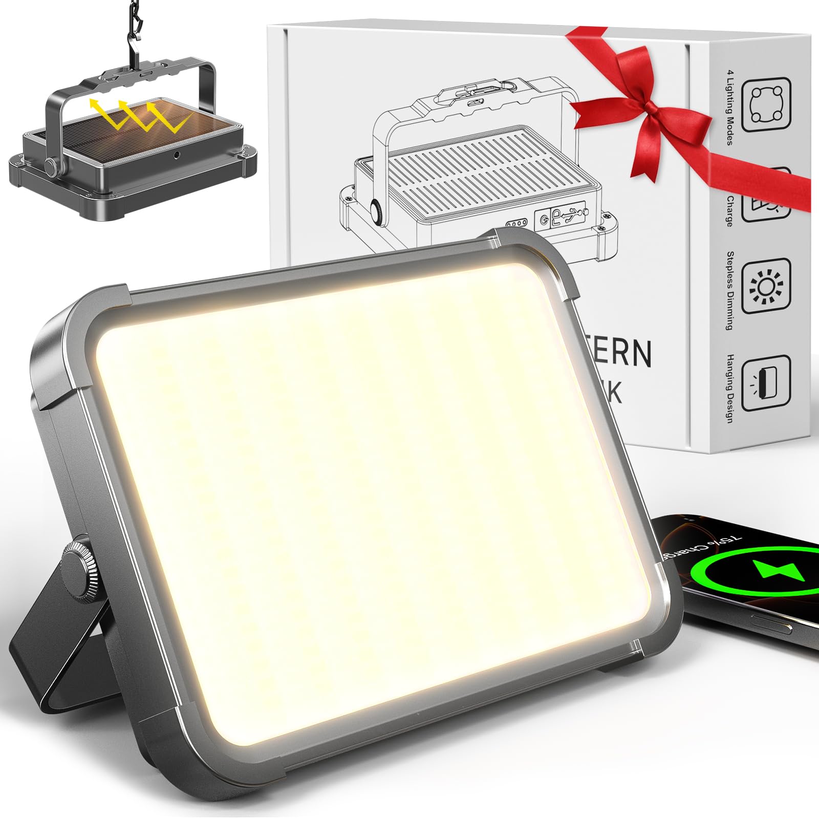 Lámpara de Camping Solar con Powerbank 26800mAh - Gran Autonomía, Linterna de Camping Recargable USB IP65 Impermeable, 4 Modos de Luz LED para Tienda de Campaña, Senderismo, Pesca & Apagones