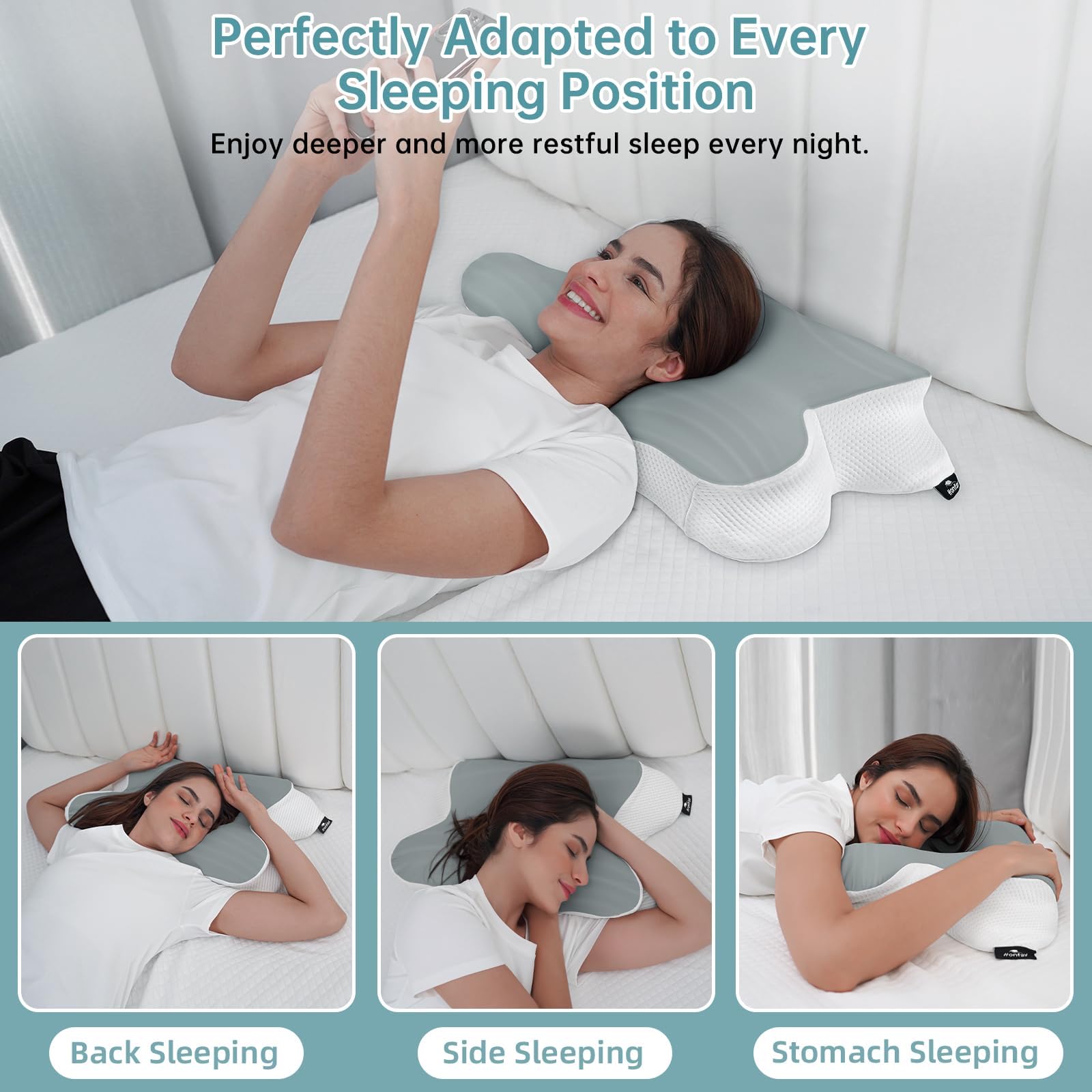 Almohada Ergonómica de Espuma Viscoelástica 2 en 1 – Reduce el Dolor de Cuello y Hombros, Adecuada para Dormir de Lado, Boca Arriba y Boca Abajo, Altura Regulable 11 cm/13 cm (Gris)