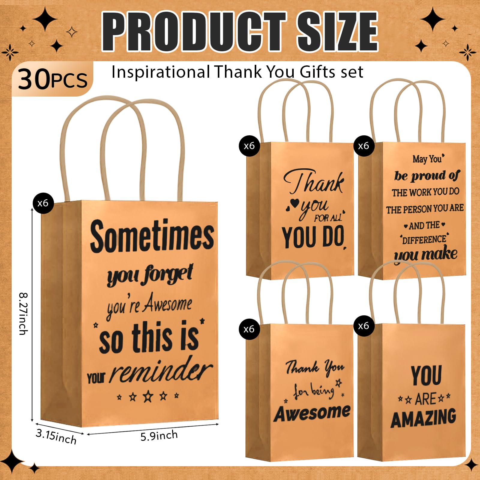 Addblu 30 Pack Employee Appreciation Thank You Gift Bags Bulk with Handles, 8 x 5.9 x 3 Inches for Coworker Staff, Team Gifts, Pastor Day , Customer Service, Teachers , Volunteer, Vet Tech , Nursing , Easter, Holidays(Kraft Paper, 30 Pcs)