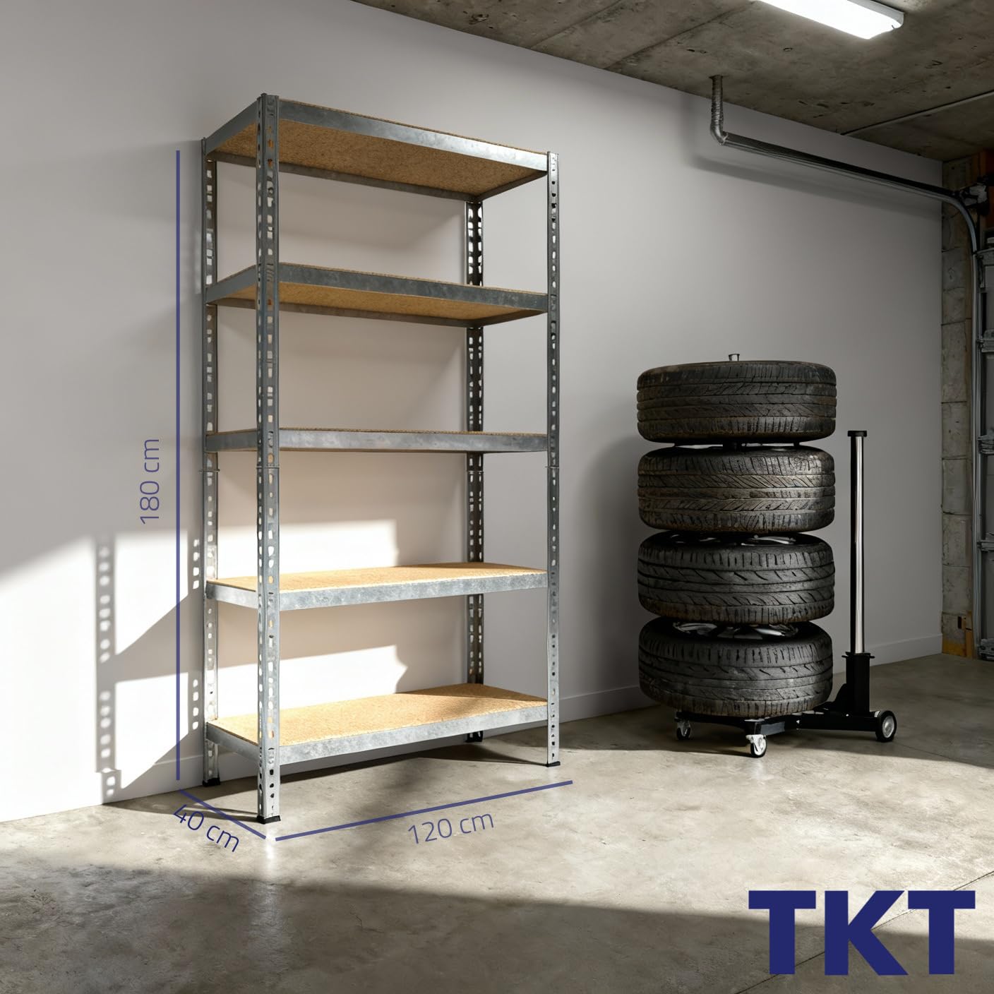 TKT – Work System Steckregal mit Holzböden 180x120x40cm - Verzinktes Regal mit 150kg Tragkraft pro Boden. Schwerlastregal mit 5 Böden für Werkstatt, Wohn- & Kellerraum