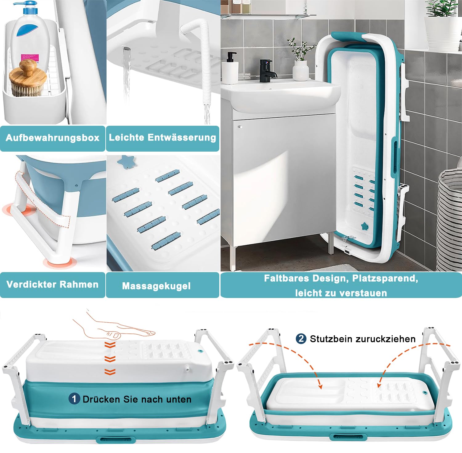 LARS360 Badewanne Erwachsene Faltbare 149 x 64 x 54 cm Klappbare Mobile Badewanne mit abnehmbare Abdeckung, Thermometer, Massagerollen Lagerregal, Kissen, Blau