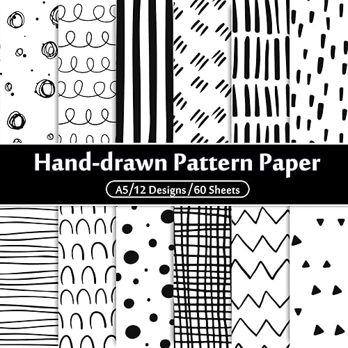 Miniatura 1 de Whaline 60 hojas de papel con patrón de garabatos en blanco y negro tamaño A5 dibujado a mano para garabatos y puntos papel de manualidades