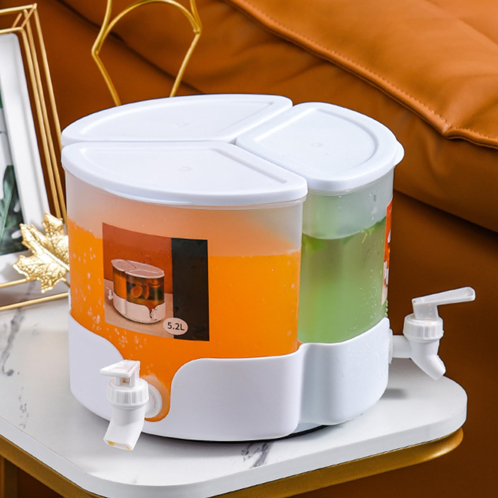Foribyw 5.1L Drink Dispenser with Tap, 360ยฐ Rotatable Fridge Water Dispenser for Parties, 3 Compartment Removable Plastic Cold Drink Juice Beverage Dispenser Jug for Iced Tea Coffee Lemonade