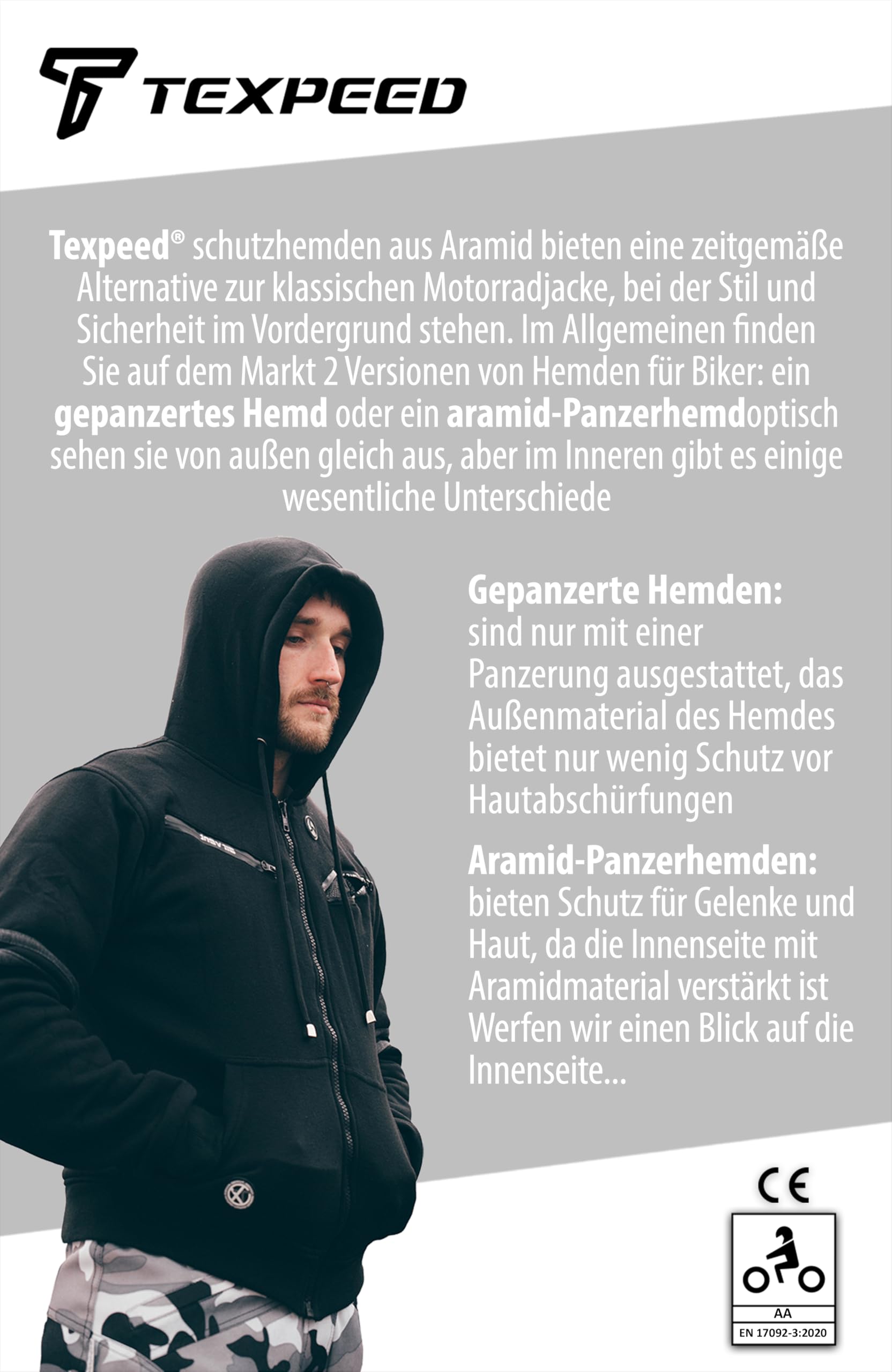 Texpeed Herren Motorradjacke Motorrad Biker Kapuzenjacke - Kapuzenpullover schützendem Aramid mit Rüstung (EN 1621-1) Schutz - Schwarz Grau XXL