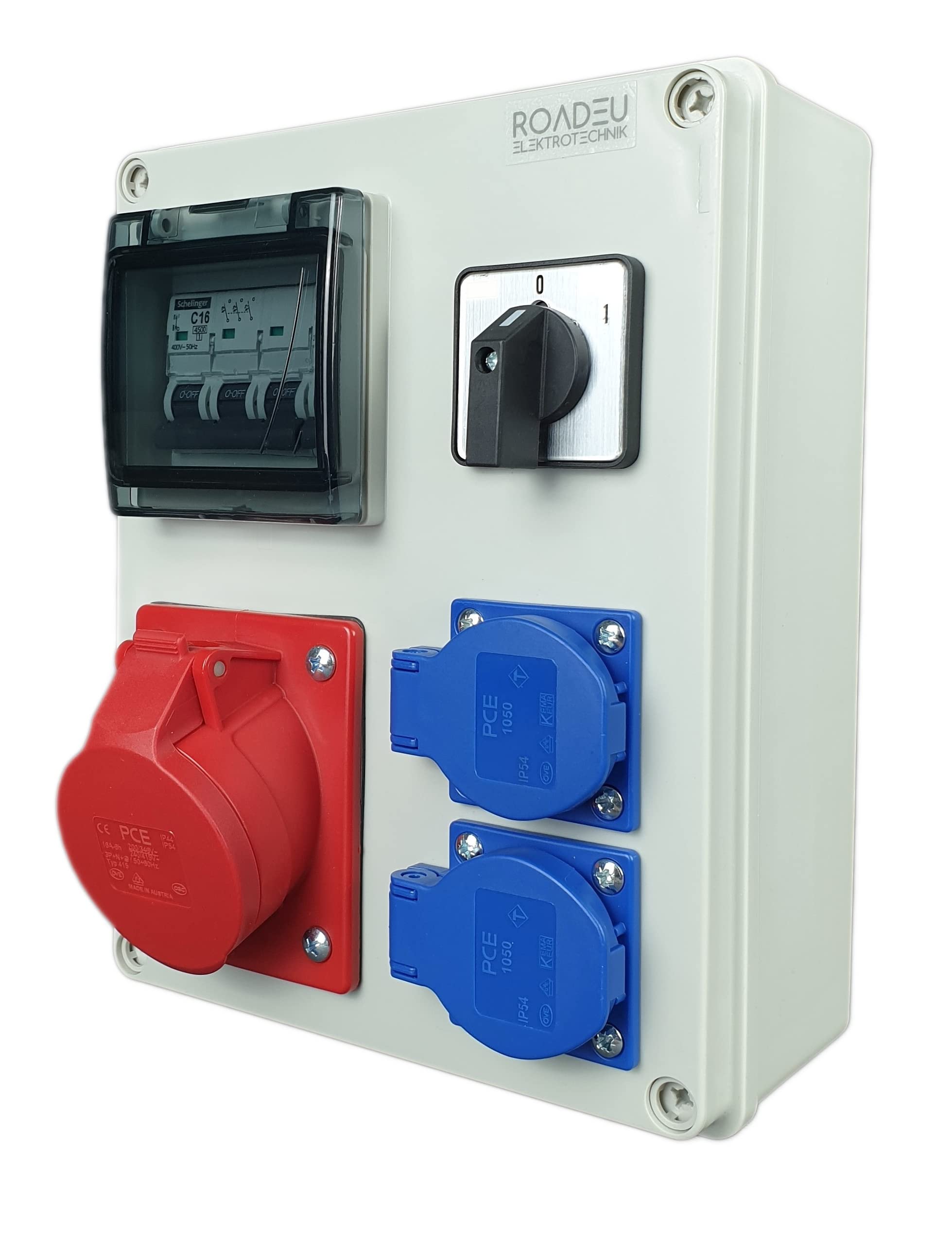 RoadEu Stromverteiler 16A 5P, 2x Schuko Steckdosen mit Hauptschalter 0-1. CEE Verteiler mit Sicherungsautomat C 16A 3P, C 16A 1P. Baustromverteiler 16A. Stromverteiler Aussen Wasserdicht IP44