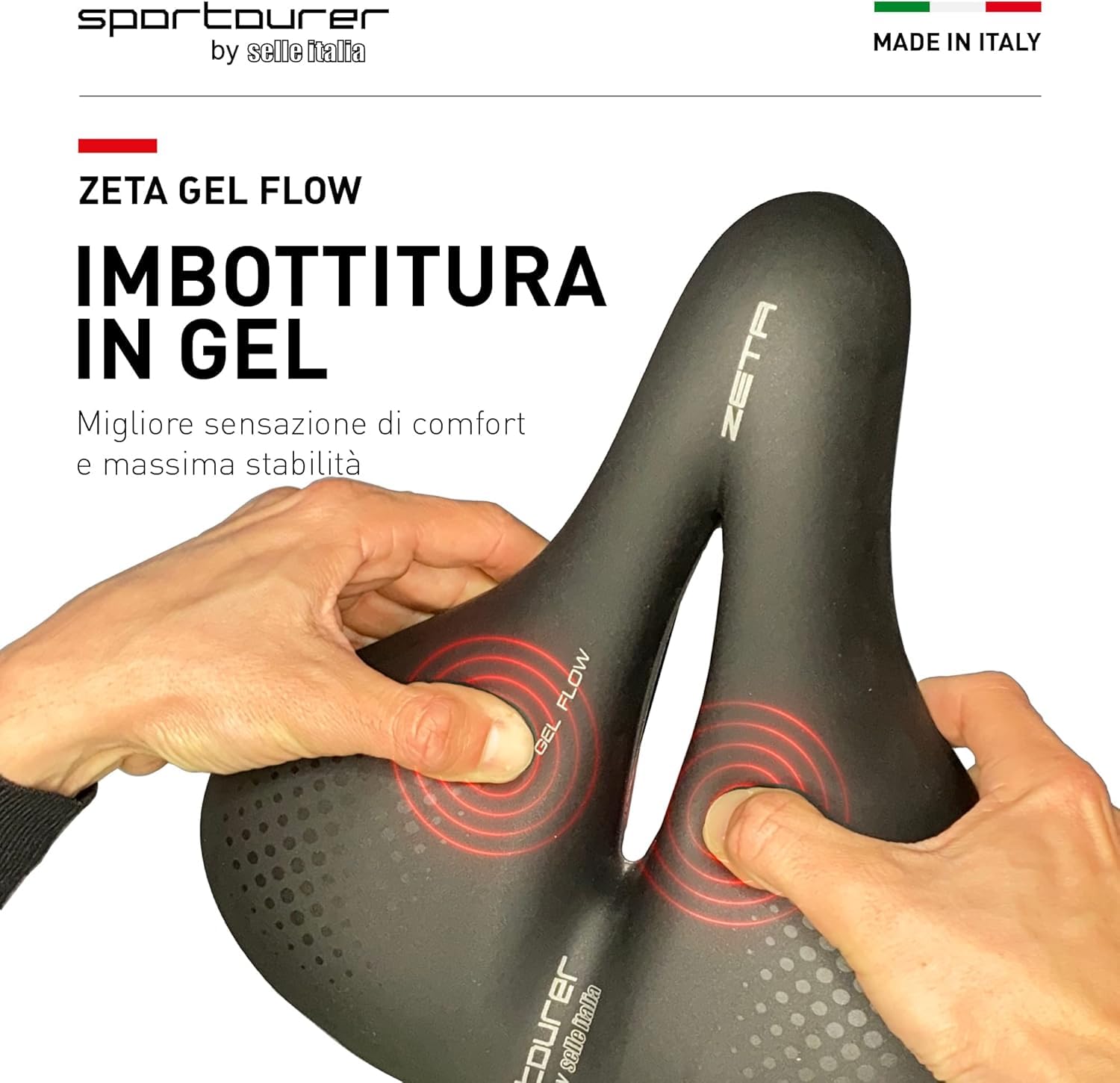 Sportourer by Selle Italia - Zeta Comfort Gel SuperFlow, Sella per Bicicletta da Città, Morbida in Gel, Con Tecnologia Riflettente per Scarsa Visibilità, Resistente all'Acqua - Nera