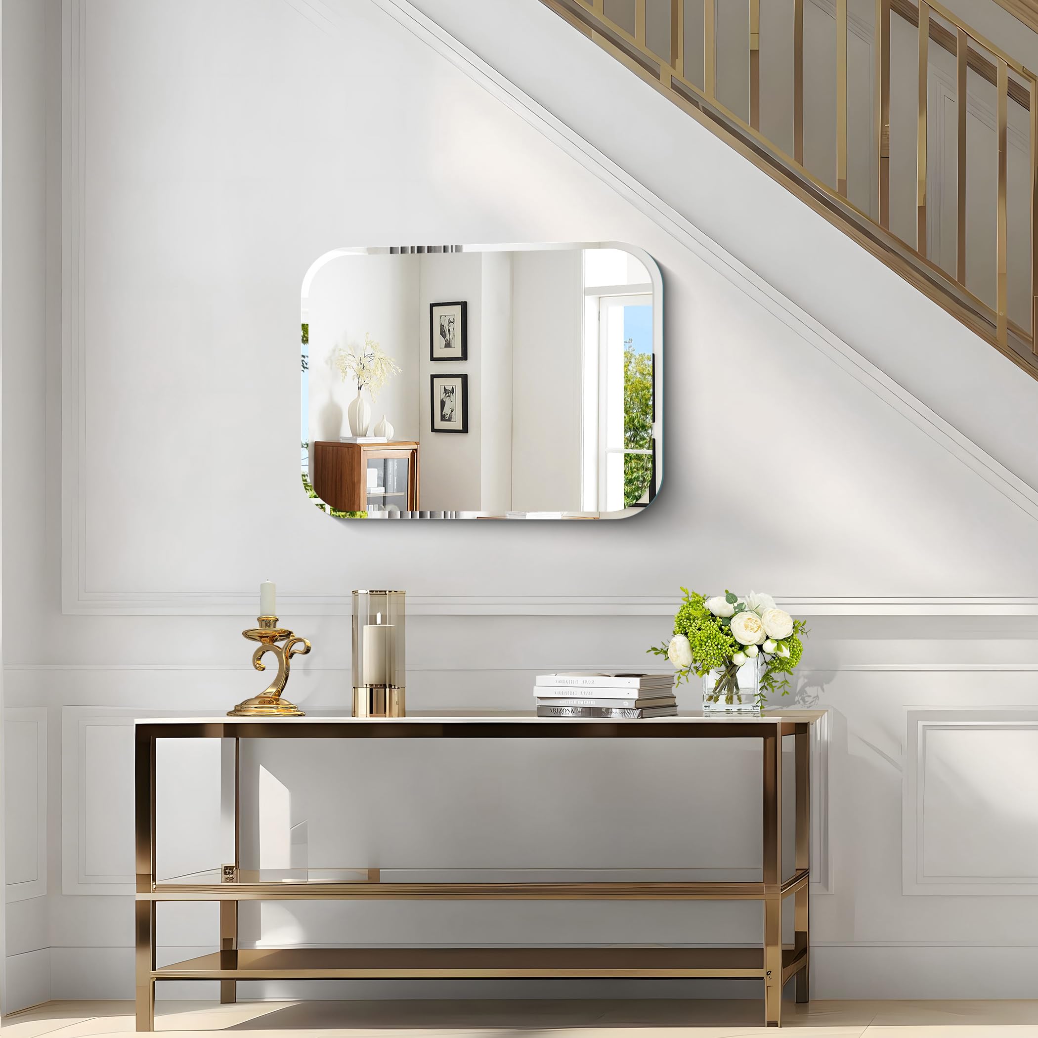 Rechteckiger Wandspiegel, 70x50 cm rahmenloser Spiegel mit abgerundeten Ecken und geschnittenem Rand, für Badezimmer, Schlafzimmer und Wohnzimmer, horizontal und vertikal montierbar