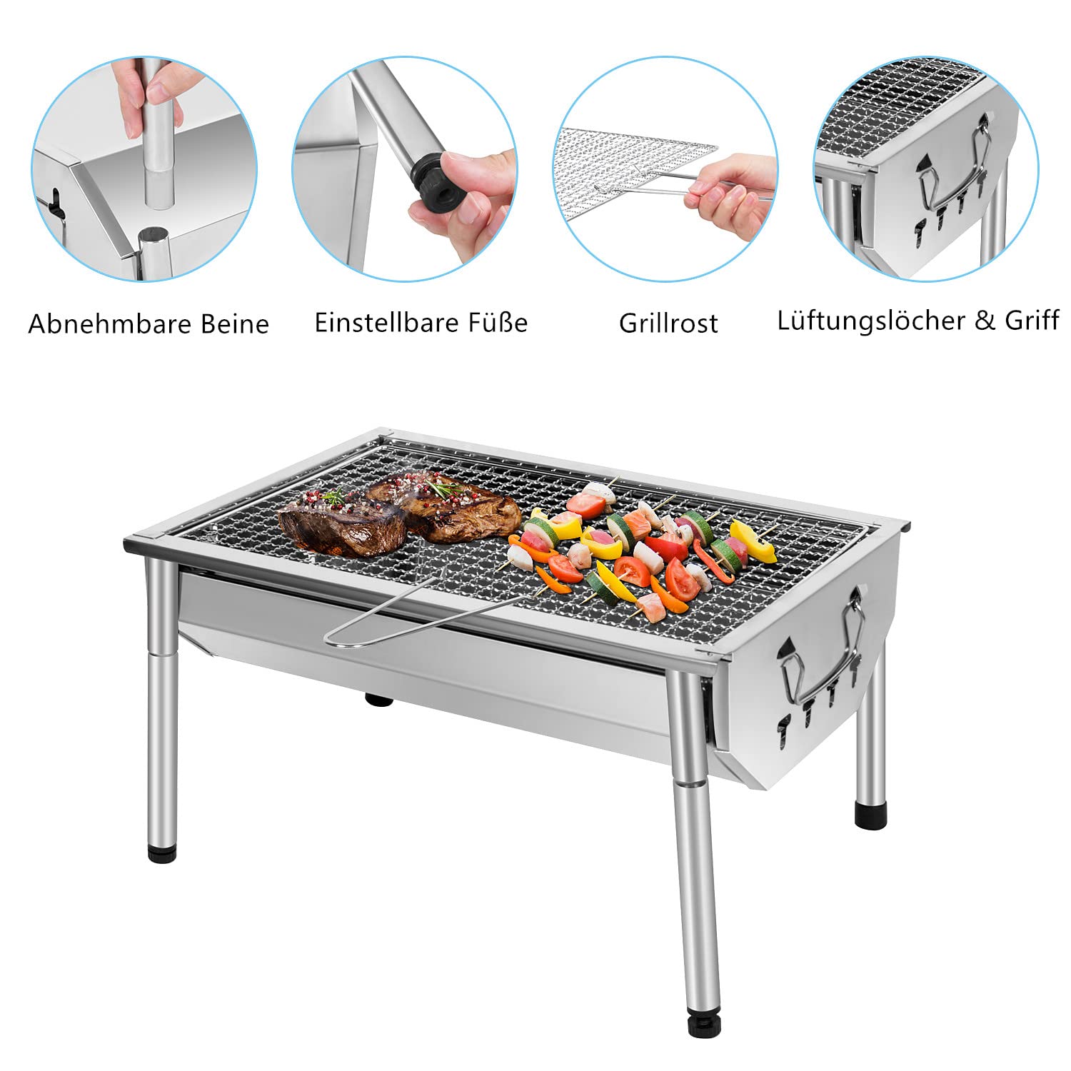 Picknickgrill Edelstahl Holzkohlegrill Kleiner Grill Holzkohle Tragbare Cmapinggrill Abnehmbare BBQ Grills für Outdoor Garten Party, 40 x 28 x 21,5 cm