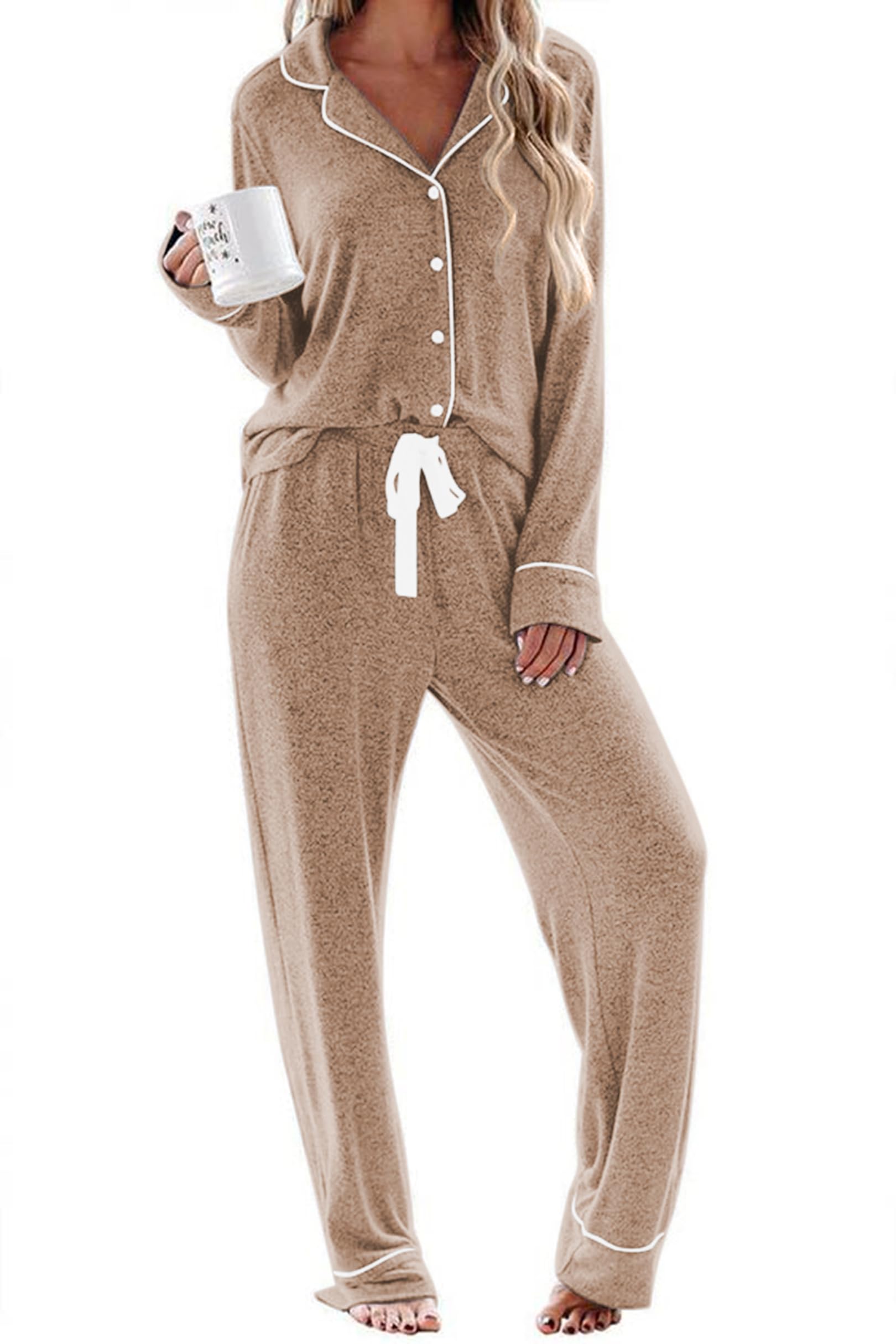 Women's Pajamas Long Sleeve Sleepwear Casual Button Down Loungewear Soft Pjs Set S-XXL