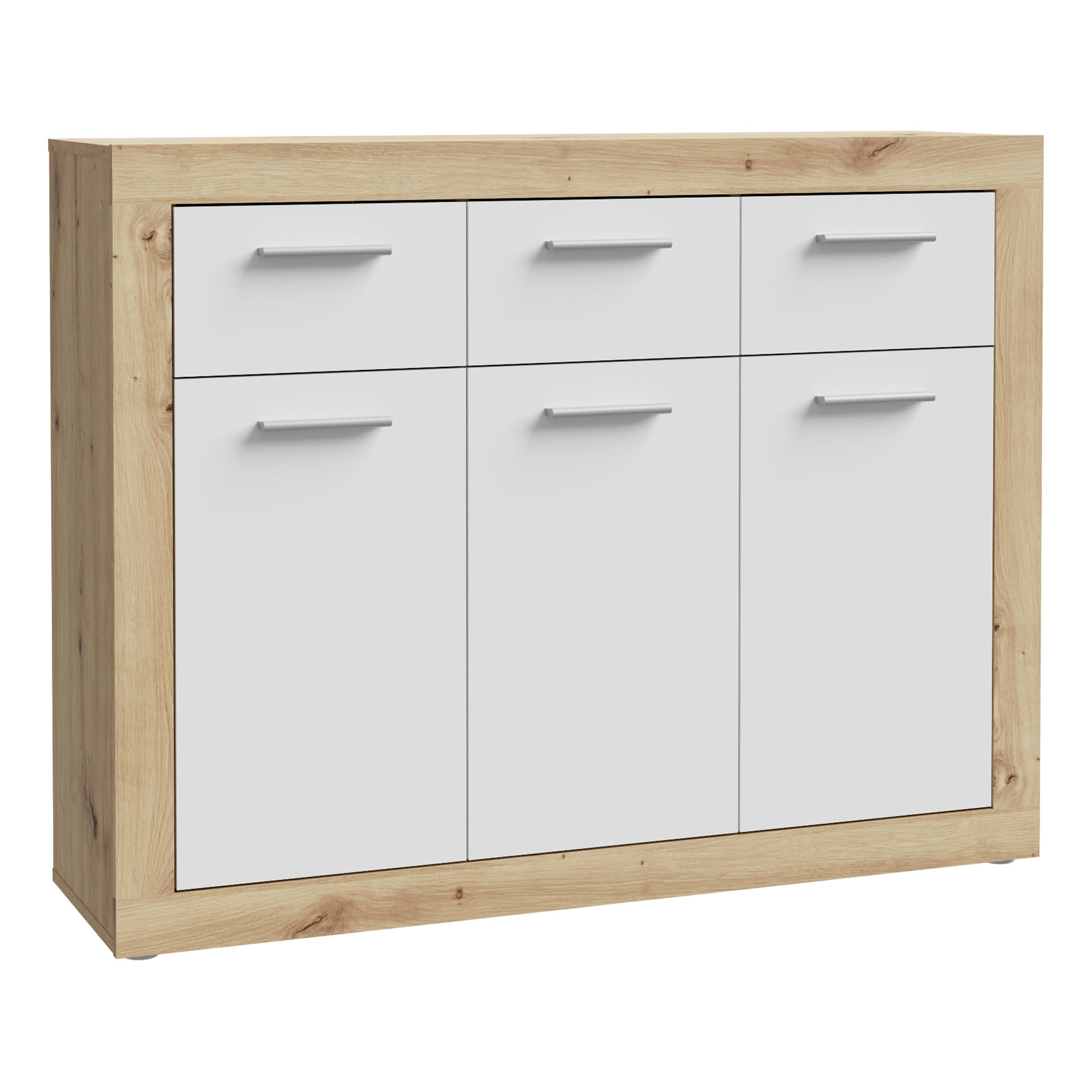 Forte BACCIO Kommode 110 120, Moderne Kommode für Wohn-/Schlafzimmer, 3-türig, 3 Schubladen, Holzwerkstoff, Artisan Eiche Holzdekor|Weiß, 117,9 cm breit x 91,5 cm hoch x 34 cm tief