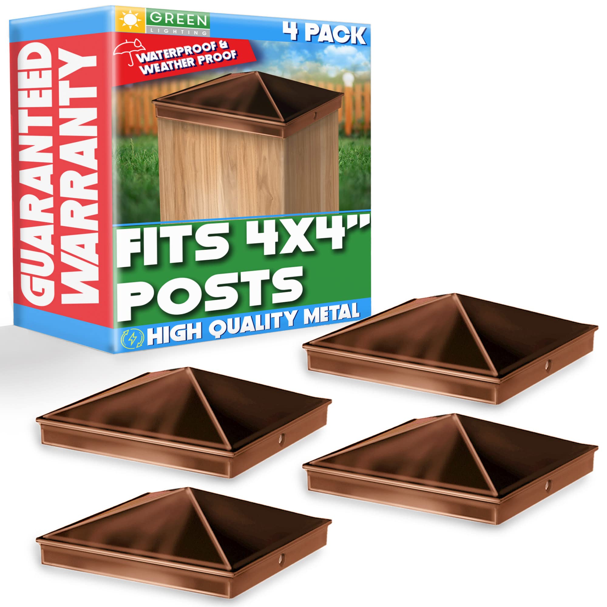 GreenLighting 4x4 Aluminum Pyramid Post Cap Cover for Nominal Wood Posts (Brown, 4 Pack)