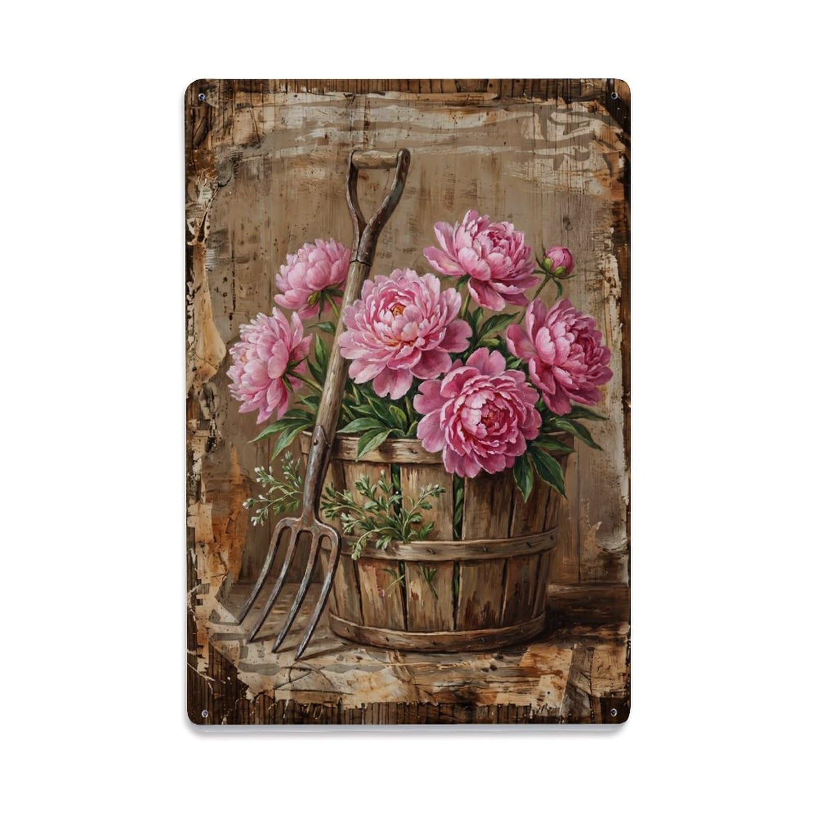 Peony Garden Pink Flowers Countryside Bloom Vintage Metal Tin Sign Plaque Wall Decor for Cafe, Club, Garden Metal Poster 8x12Inch