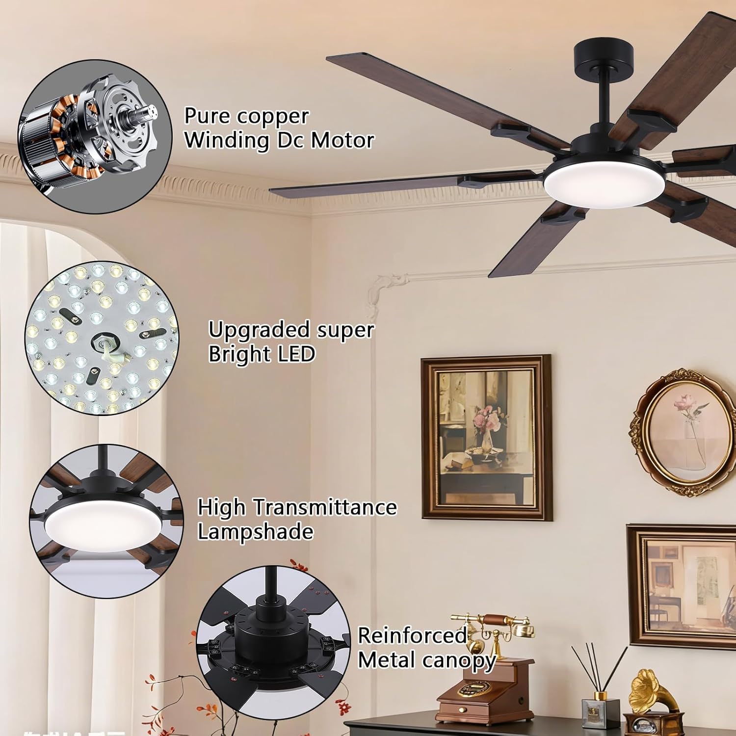 NKPU 66 Inch Brown Ceiling Fan with Lights, Modern Large Ceiling Fan with Remote & APP Control, Reversible DC Motor, 6 Double-Sided Blades, 6 Speeds, Silent, Timer, for Living Room Indoor & Outdoor