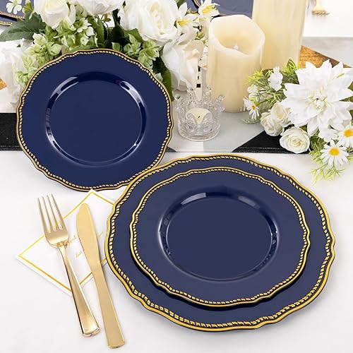 Miniatura 65 de Hioasis 60 platos de plástico dorados, vajilla desechable blanca y dorada con borde dorado, resistente, 10.25 pulgadas, platos llanos para fiestas