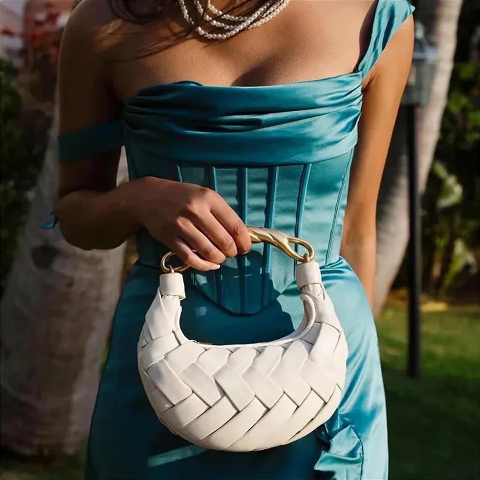Bolsos de piel trenzada para mujer Bolso de mano for mujer, piel sintética trenzada, tejido a, con asa metal tipo cartera