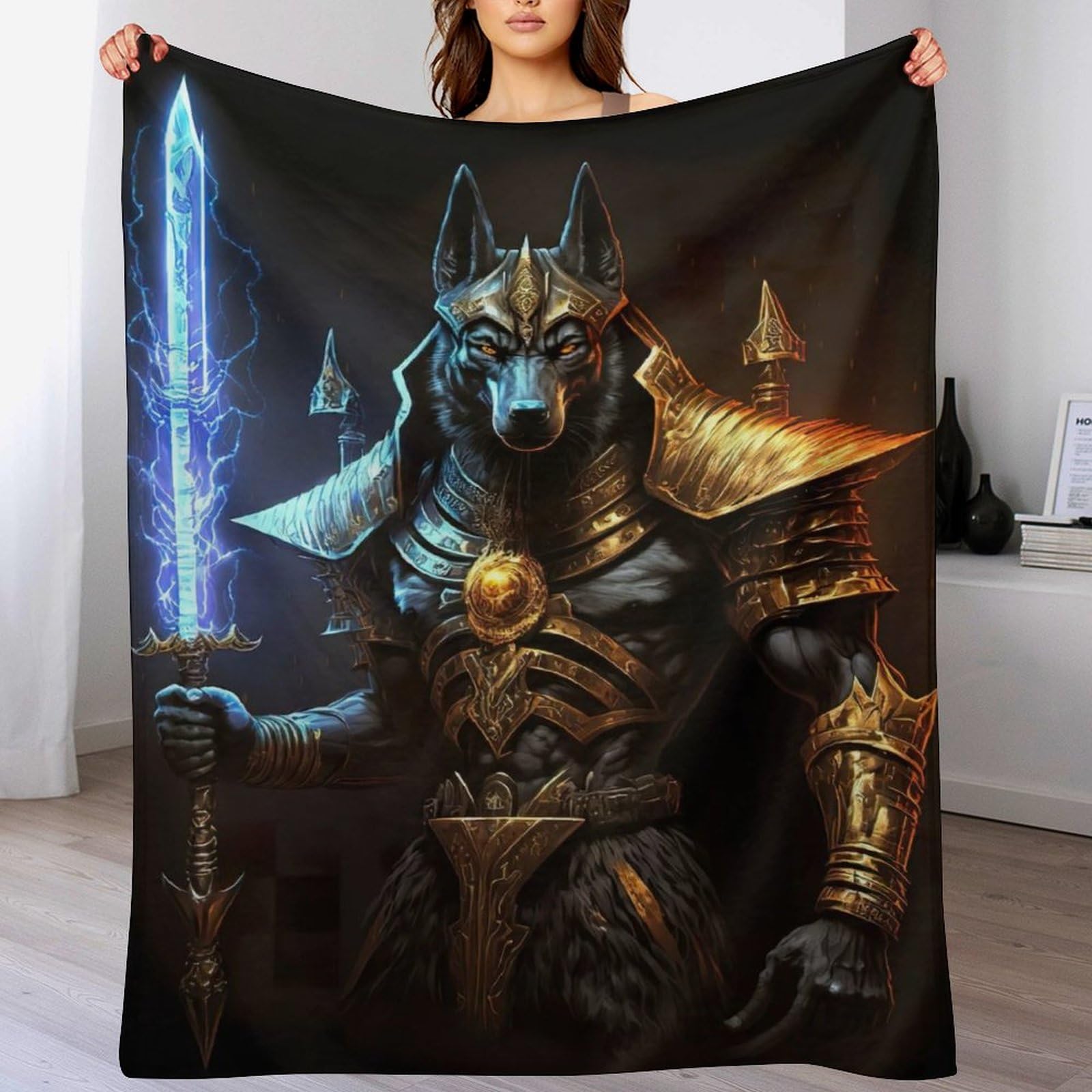 Couverture polaire douce flannel Krieger-Anubis, plaid canapé chaud toutes saisons 130x180
