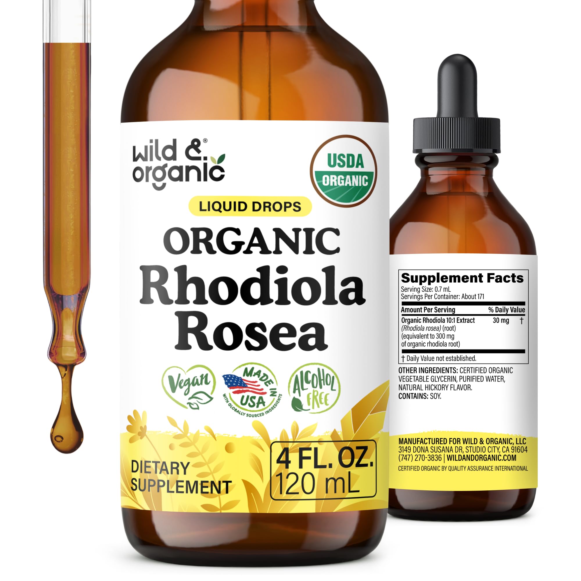 Wild & Organic Rhodiola Rosea Tinctuur - Rhodiola Rosea Supplement for Mood Support - Relaxing Root Extract Liquid Drops - Vegan, Sugar & Alcohol-Free - 4 fl oz