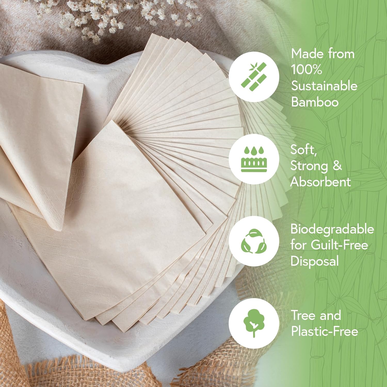 100% Bamboo Cocktail Napkins for Wedding (1000-Pack) | 2-Ply FSC Certified | Biodegradable Beverage Napkins for Party, Home or Commercial Use | 4.5 x 4.5 Inch Folded | Ideal for Serving Drinks