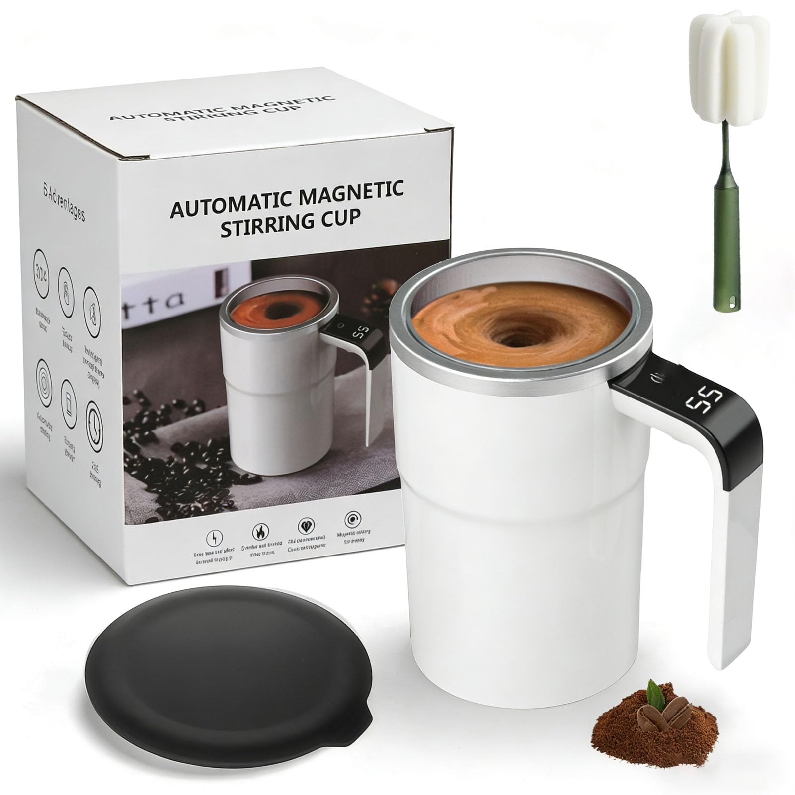 Electric Coffee Mug with a Built-In Lcd Thermometer, Electric Coffee Mug Mixer, Rechargeable Self Stirring Mugs, Perfect for Brewing Coffees, Milk, Cocoa, Etc (White)