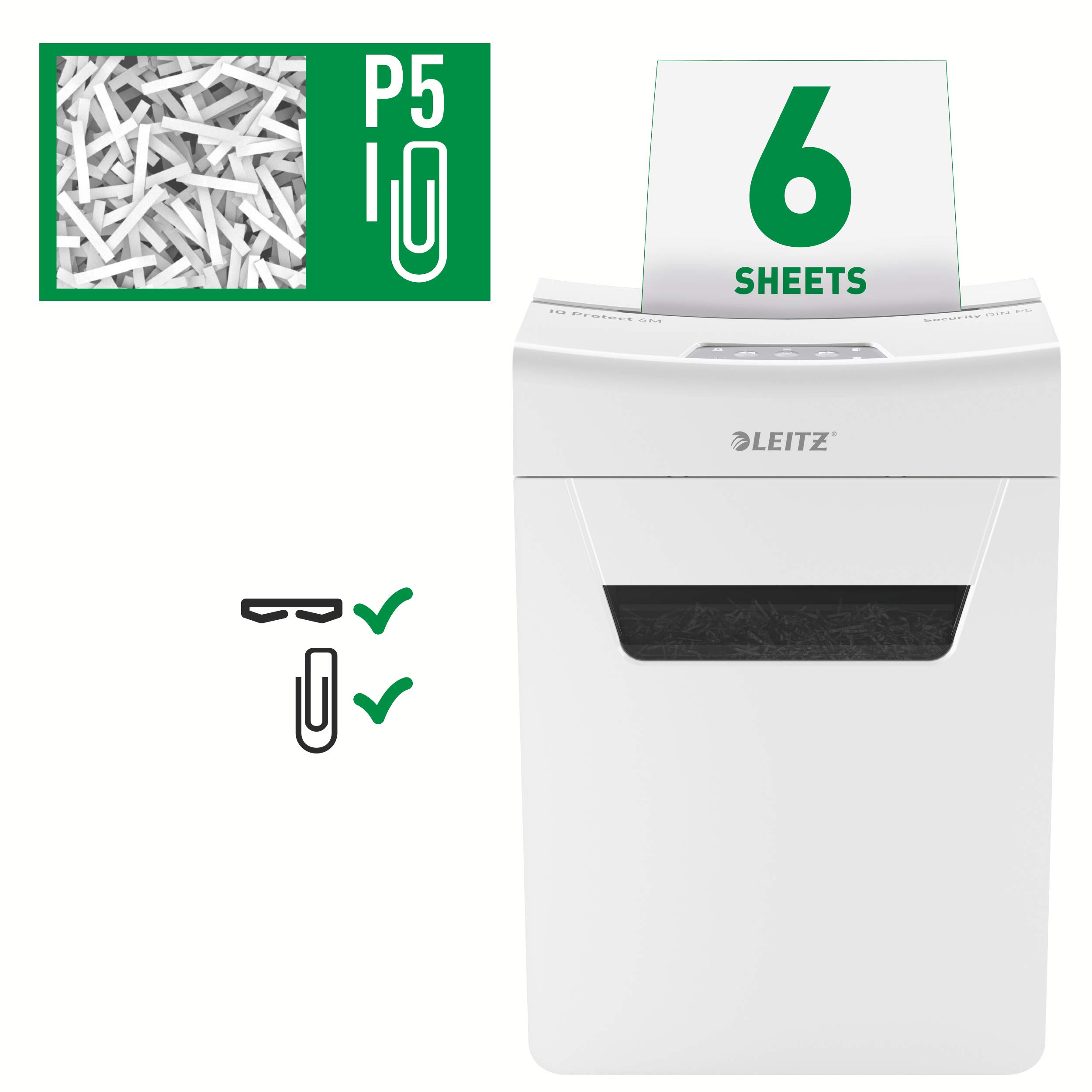 Leitz IQ Protect Premium 6M, Distruggidocumenti Manuale Personal, 7-6 Fogli (70-80 gr/mq), Taglio Micro, Sicurezza P-5, Capacità 18 litri, 80950000