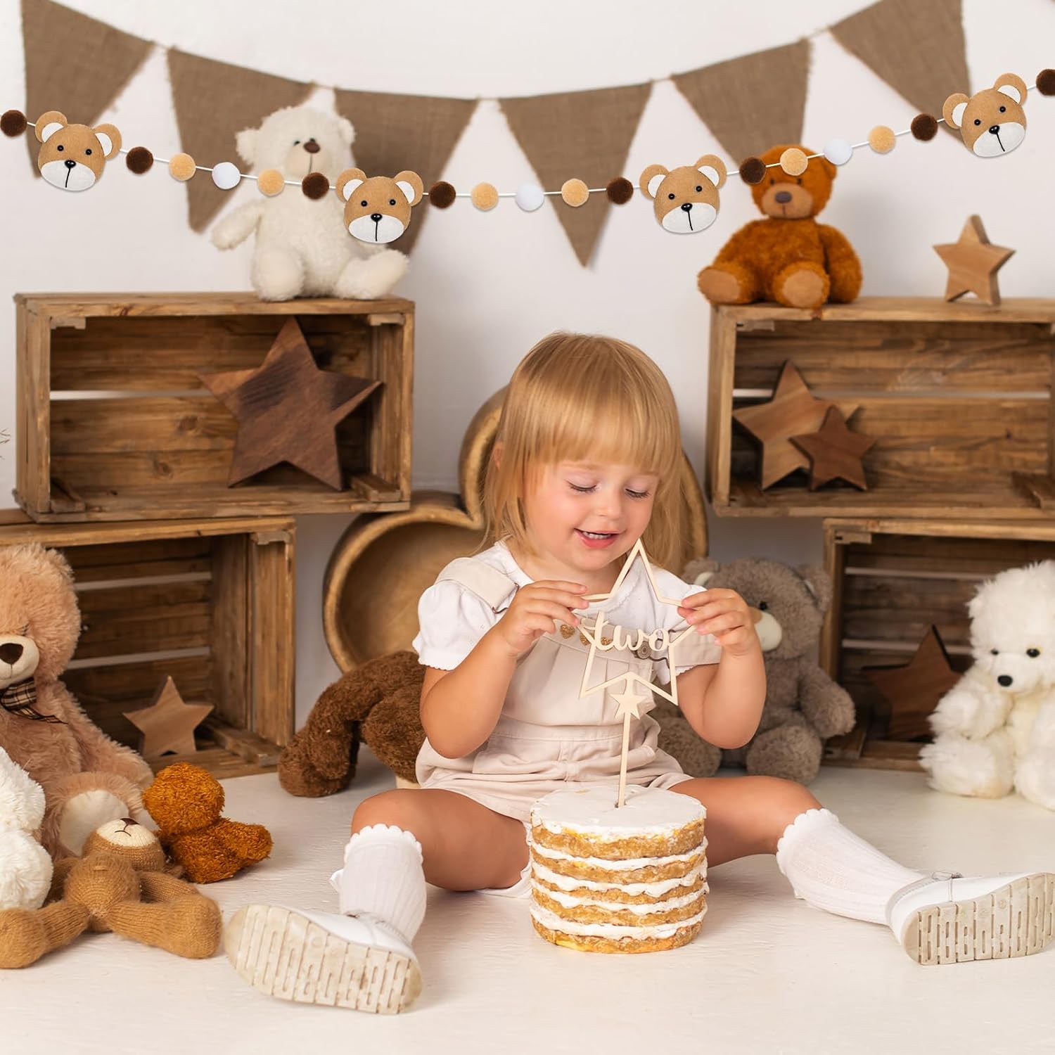 FYSUIMU 8.2Ft Bear Felt Banner 3D Cute Bear Hanging Garland Brown White Pom Ball Banner for Birthday Baby Shower Gender Reveal Home Wall Decor