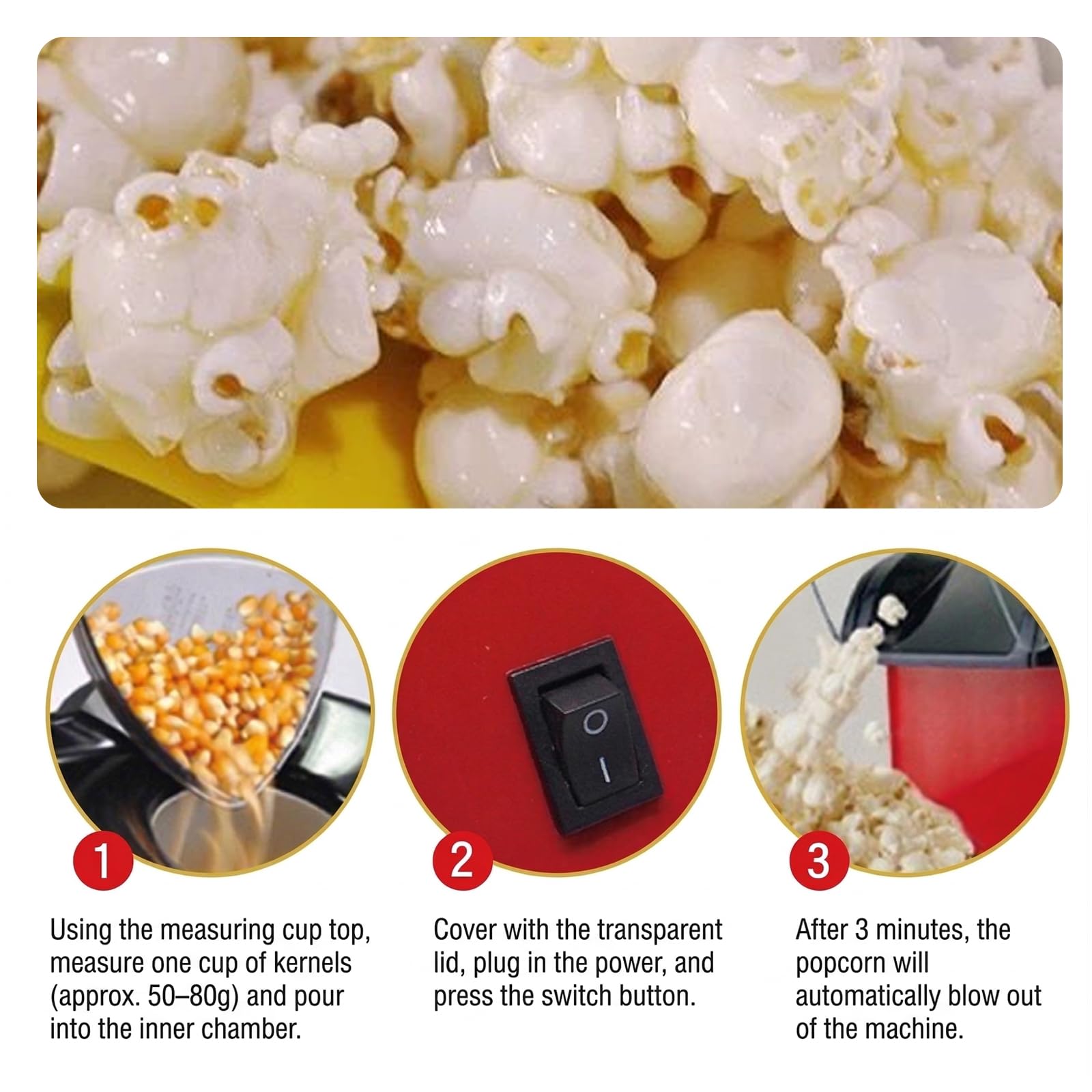 Macchina per popcorn, 1200 W, 2,5 l, per popcorn ad aria calda, senza olio, 3 minuti, popcorn elettrici, per serate di calcio, serate cinema, feste di famiglia e feste