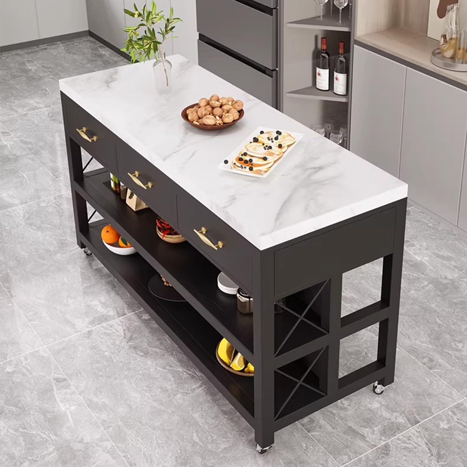 Zf9tBw5sH Unità cucina ad isola Carrello for isola da cucina con rotelle, cassetti e ripiani portaoggetti struttura in metallo piano in marmo