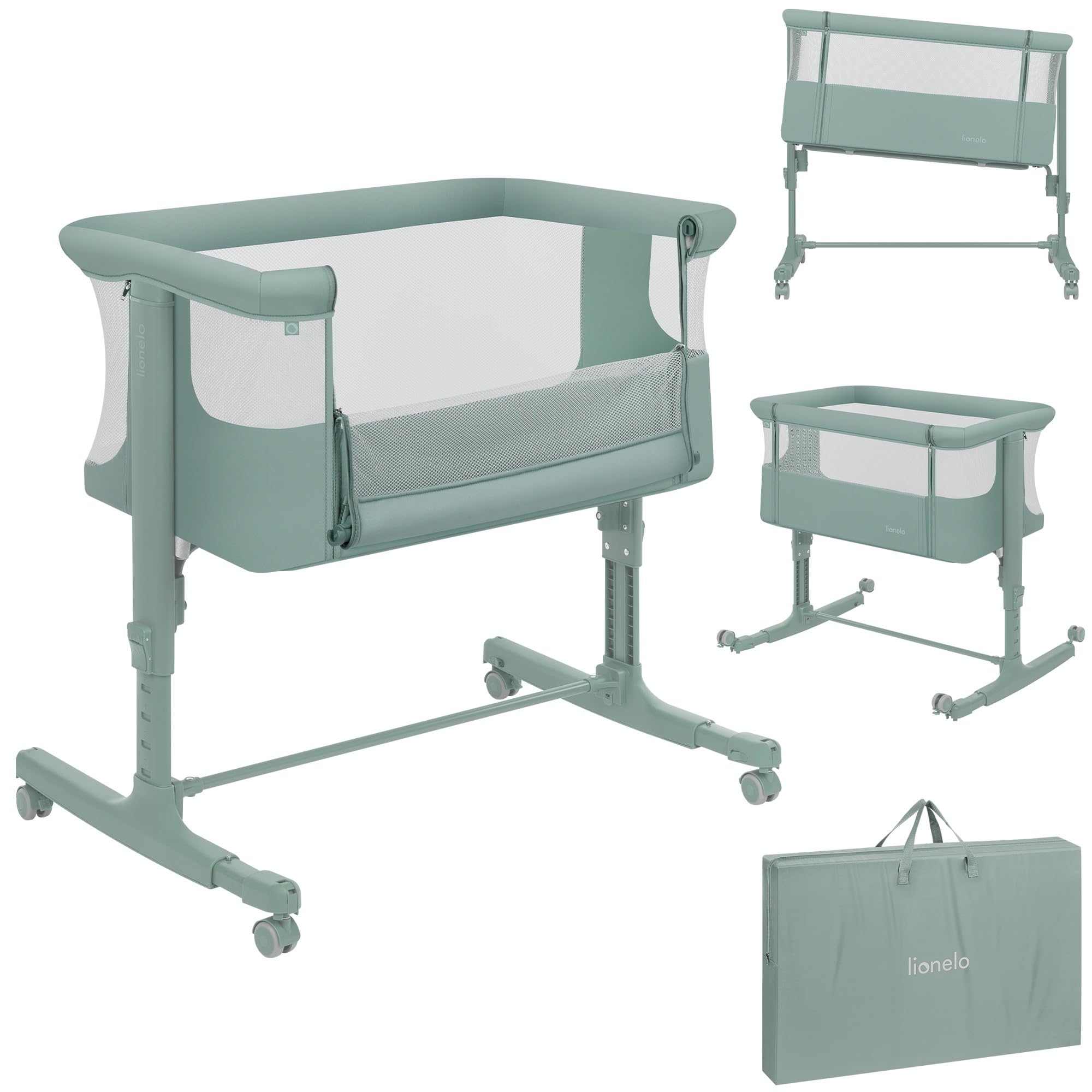 lionelo Aurora 3in1 Baby Bedside Cot Co-Sleeper for Babies From Birth to 9kg, Adjustable Height & Incline, Mattress, 4 Lockable Wheels, Breathable, Portable, Washable, Bag, Straps