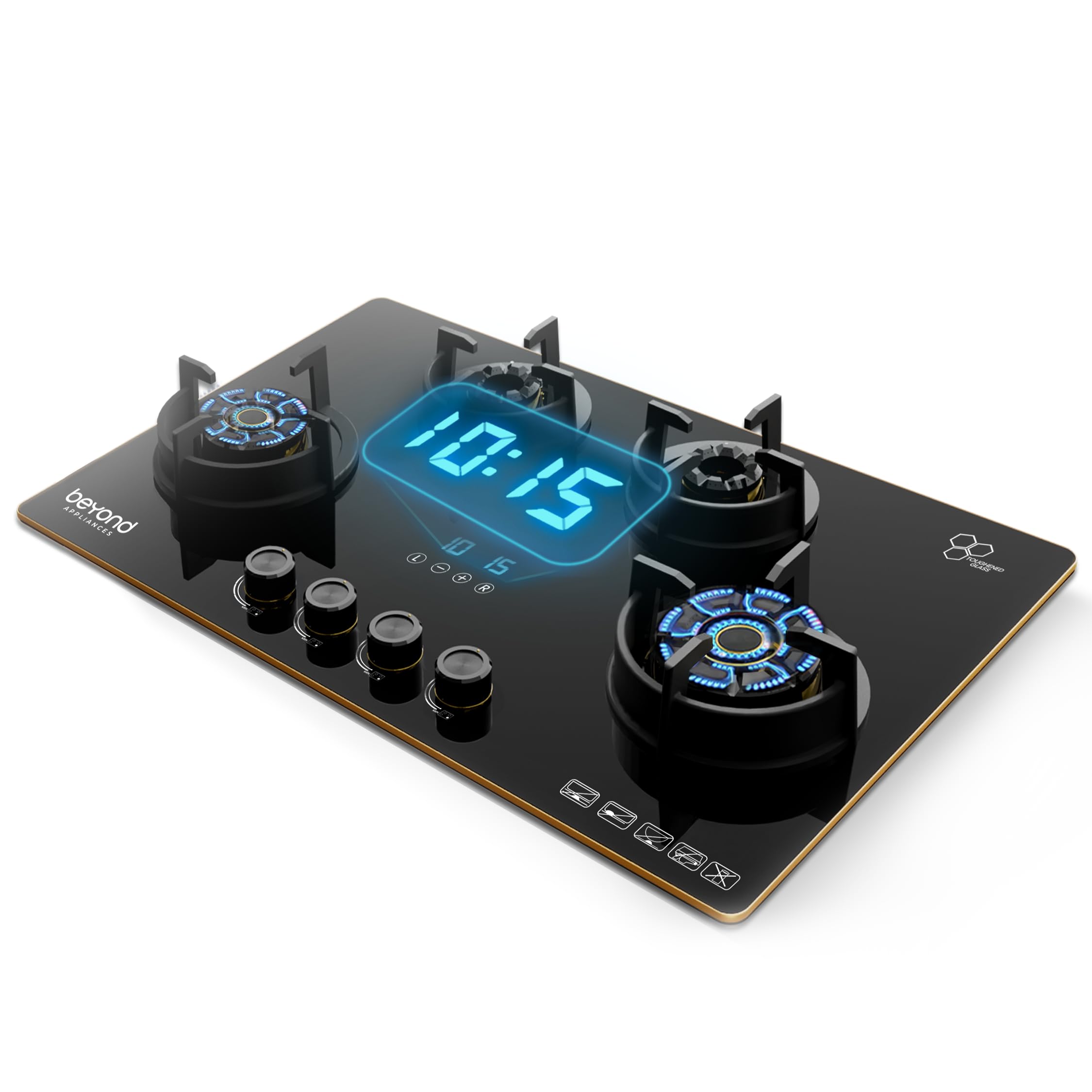 Beyond Appliances Smart Timer Premium Dorado Hobtop - Full Brass Burner, Flame Failure Detection, Auto-Ignition, Jumbo Burner - Glass Top Gas Stove (4 Burner, 5 Year Glass Warranty by Beyond)-image-22