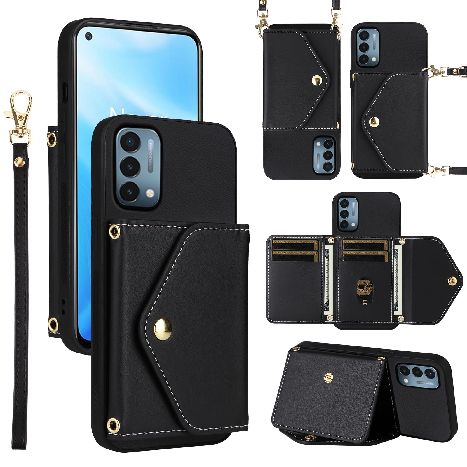 Dswteny Wallet Case for OnePlus Nord N200 5G with Wrist Lanyard Shoulder Strap Flip Purse, Credit Card Holder Stand Cell Phone Cover for One Plus N