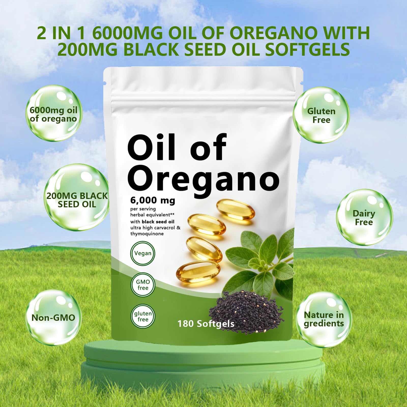 Olio di origano Softgels, 2 in 1 6000 mg olio di origano con oli di semi neri, capsule di integratore di origano, immunità naturale, facile da ingoiare, ricco di nutrienti, esperienza di benessere