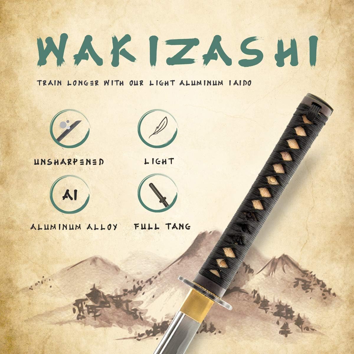 Handmade Sword - Aluminium Alloy Unsharpened Iaido Training Katana/Wakizashi Sword, Handmade, Full Tang, Black Scabbard (Iron343 Wakizashi)