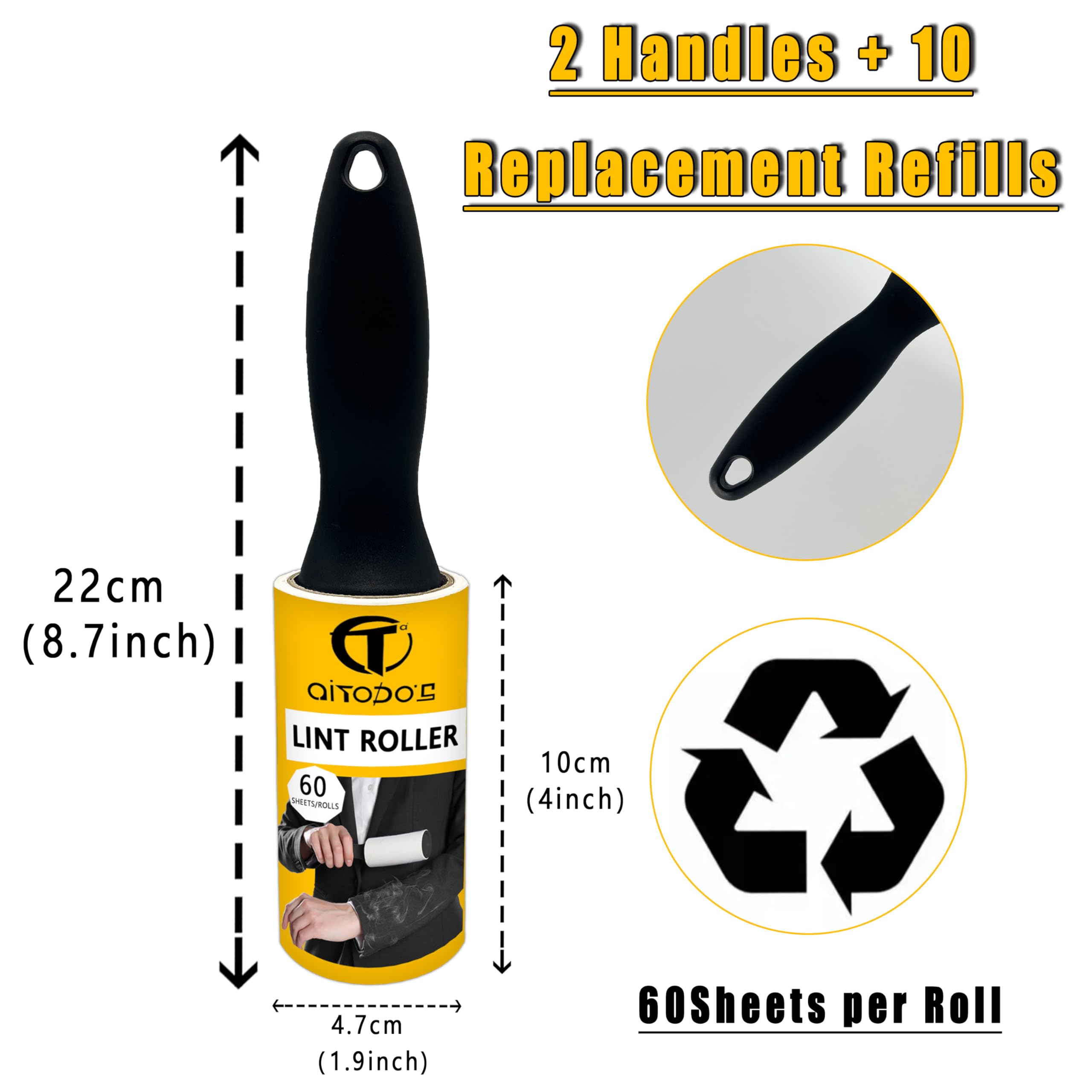 AiTodos® 600 Sheets Lint Roller-10 Rolls+2 Handles, High-Efficiency Lint Roller Refills Suitable for Pet Hair Clothes, Coats - Image 2