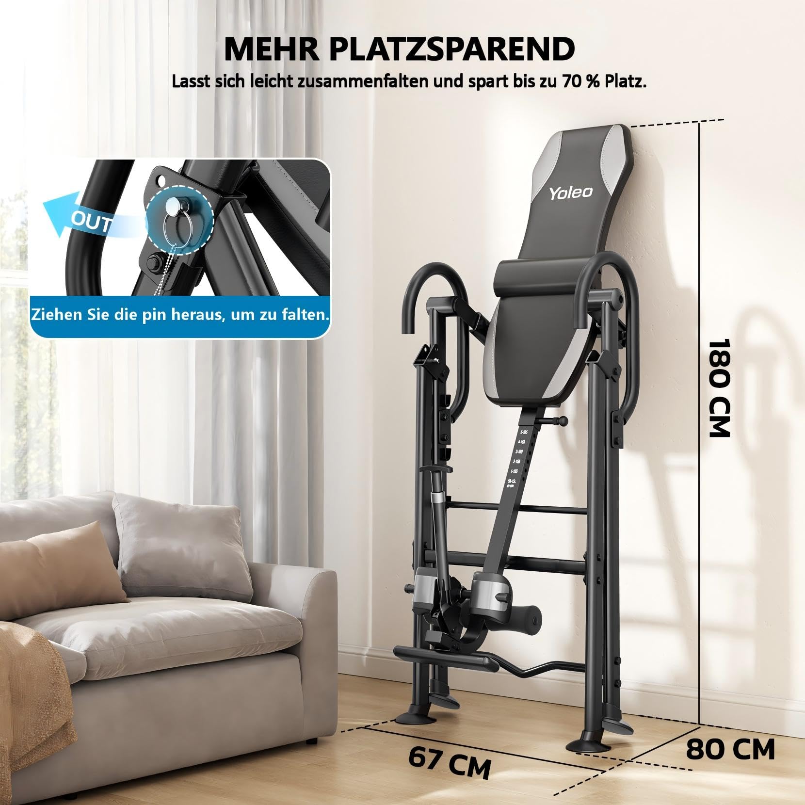 YOLEO Verstellbarer Inversionsbank Faltbarer Schwerkraftrainer Für Die Therapie Zur Linderung Von Rücken/Nackenschmerzen 300 lbs