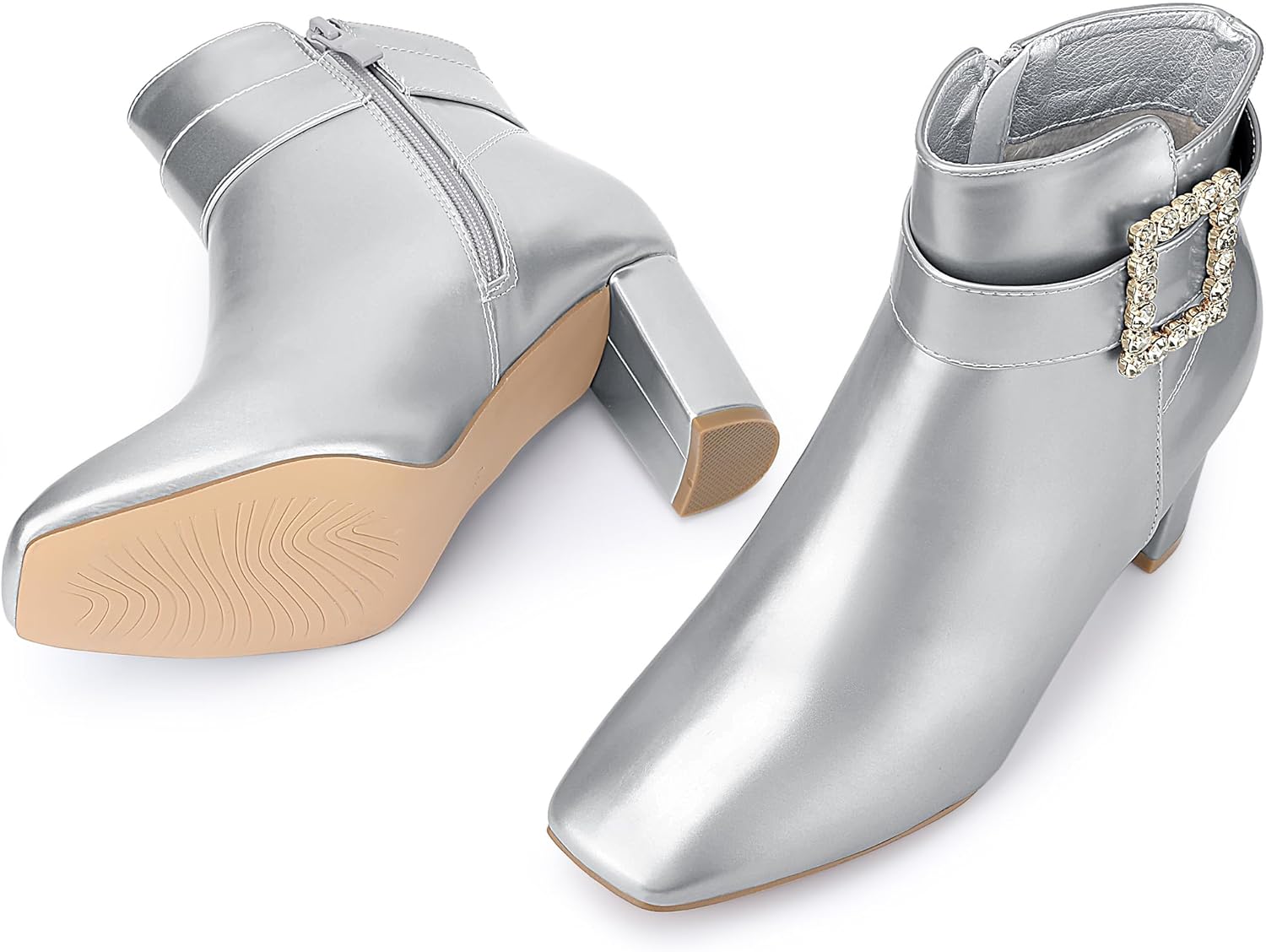 Perphy Rhinestone Buckle Decor Square Toe Chunky Heel Ankle Boots for Women