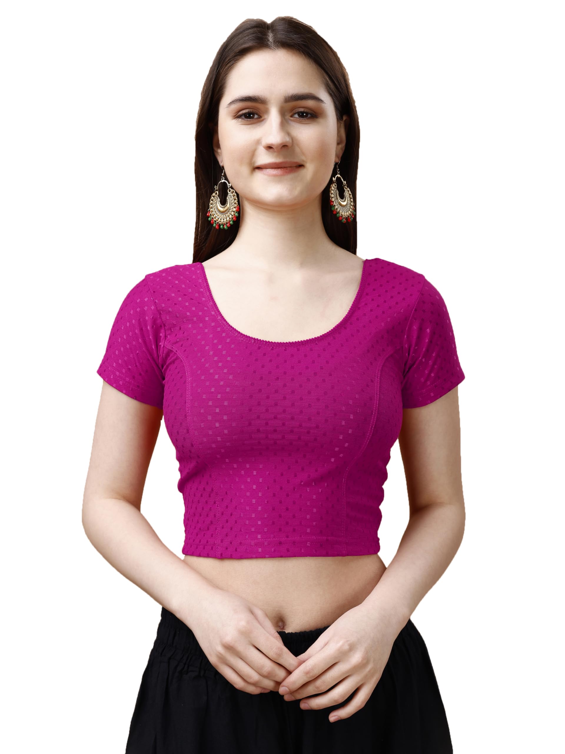Pujia Mills Women's Readymade Dobby Cotton Lycra Stretchable Round Neck Short Sleeve Blouse Fancy Pink Color Lycra Stretchable Blouse For Women Stylish Readymade Saree Blouse