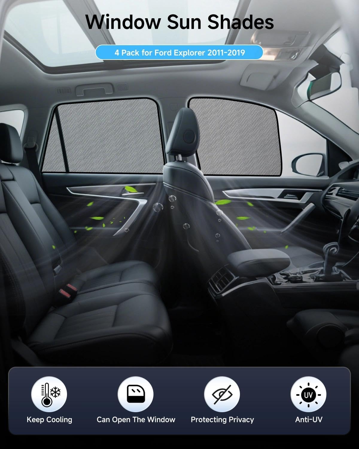 Car Window Shade for Ford Explorer 2011-2019, 4 Pack Magnetic Mesh Sun Shades for Front & Rear Windows, UV Glare Protection & Baby Car Shade for Napping Camping Breastfeeding