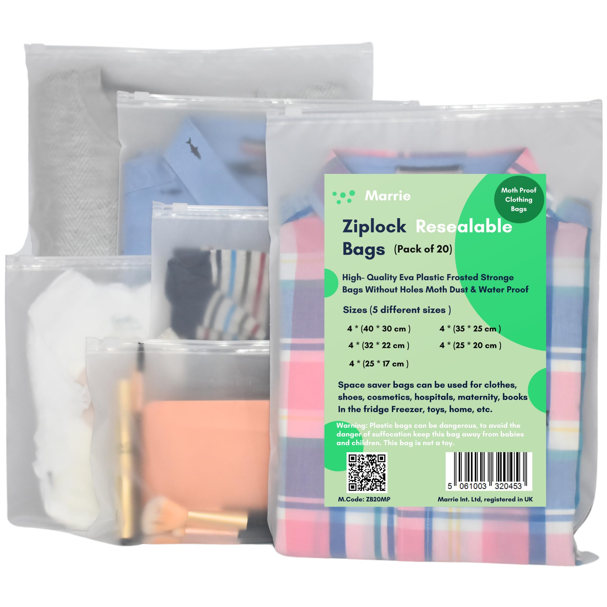 Marrie Clear Reusable Ziplock Bags Travel Clothes Storage Bags Maternity Hospital Organiser Ziploc Pouches No Hole Frosted Resealable Waterproof Luggage Bags For Garments Shoes Cosmetics (20Pcs Pack)