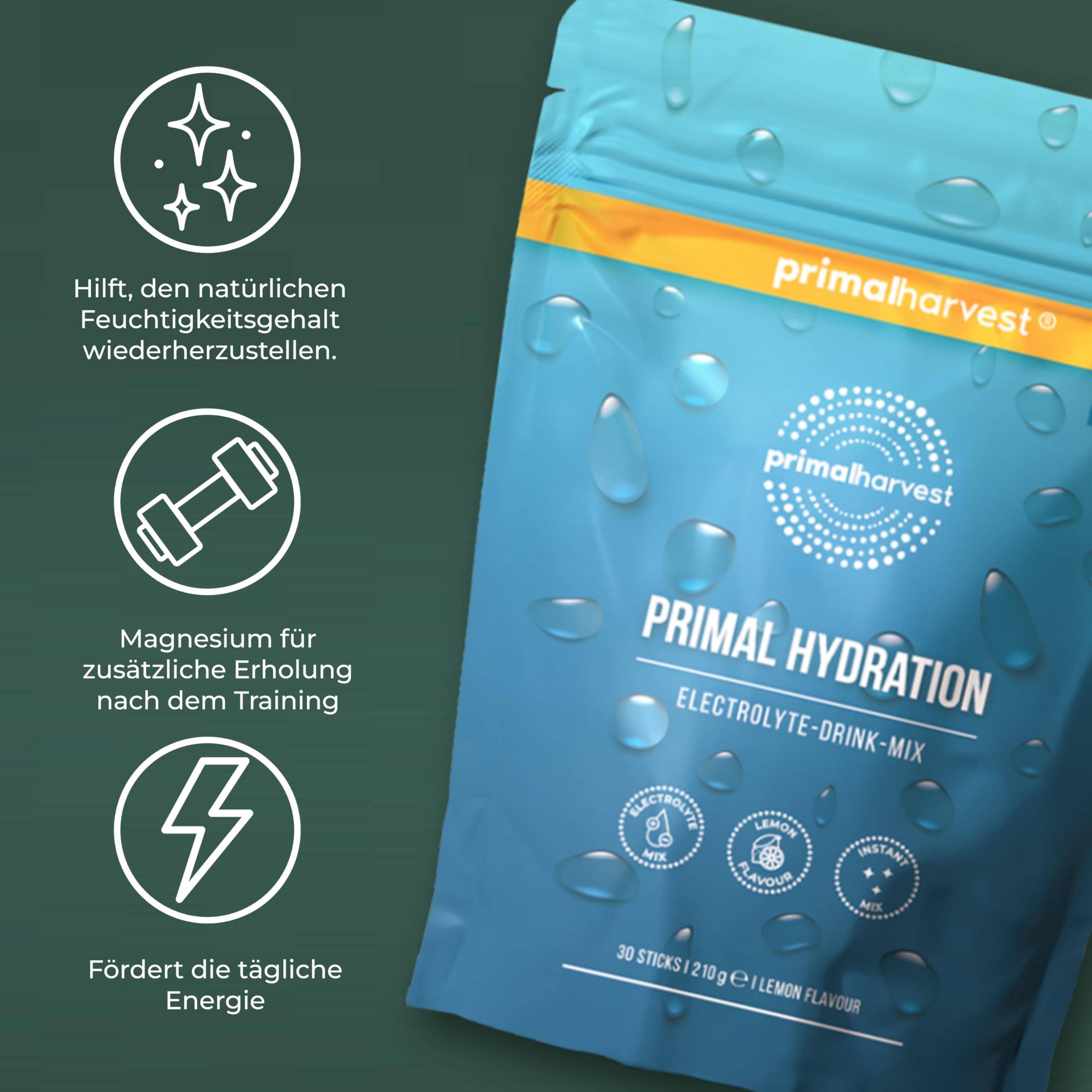 Primal Hydration von Primal Harvest - Elektrolytisches isotonisches Getränk, in praktischen Einzelpackungen, angereichert mit Magnesium, Kalium und Vitamin C, für Männer und Frauen, 30 Portionen
