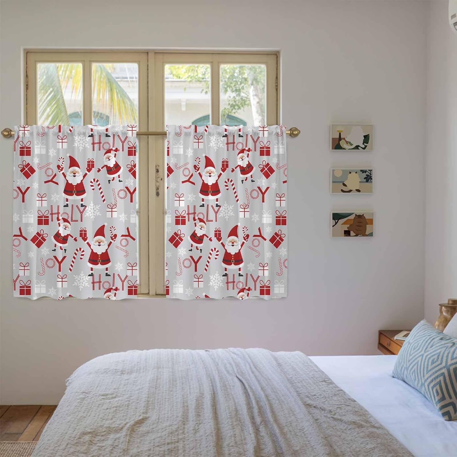 Christmas Santa Claus Kitchen Curtains 45 Inch Long 2 Panel Set, Rod Pocket Window Treatment, Joy Xmas Snowflake New Year Light Filtering Panels Short Drapes for Bathroom Camper 42"W x 45"L