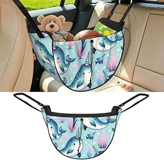Augenstern Cute-Narwhal-Animal Car Backseat Organizer Bag For Road Trips | 210d Oxford Cloth, Water-Resistant Surface, Drawstring Top, Adjustable Straps, Large Opening, For Car Travel