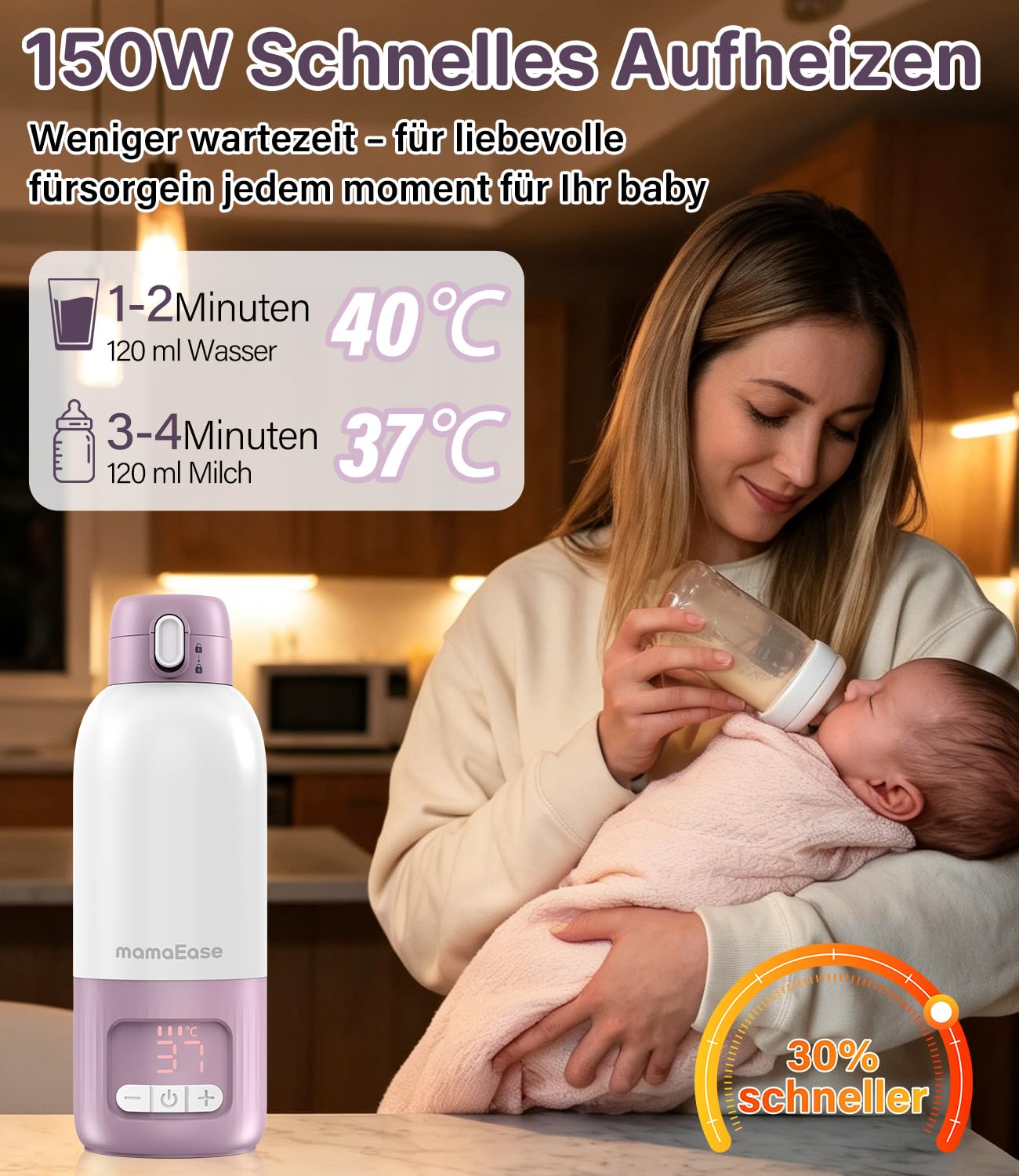 Tragbarer Baby Flaschenwärmer für Unterwegs, Pasteurisier-Funktion + 500ml Kapazität + 16000mAh-Akku | 2 Heizmodi für Muttermilch & Wasser | Schnellaufheizen & Kochfähig