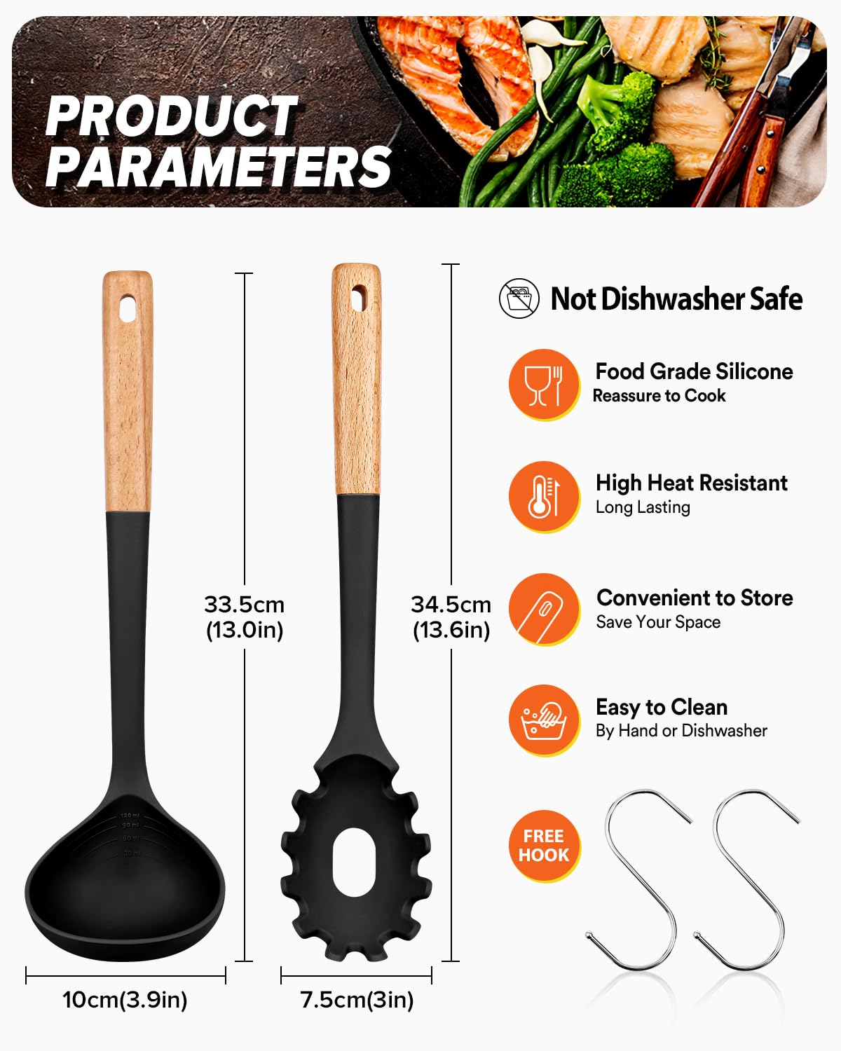Pasta Fork and Ladle Set, Perfect for Serving Hot Soup, Stirring, and Sauce Pasta, BPA-Free Matte Silicone, Wood Handle Spaghetti Spoon for Nonstick Cooking Surfaces (Black)