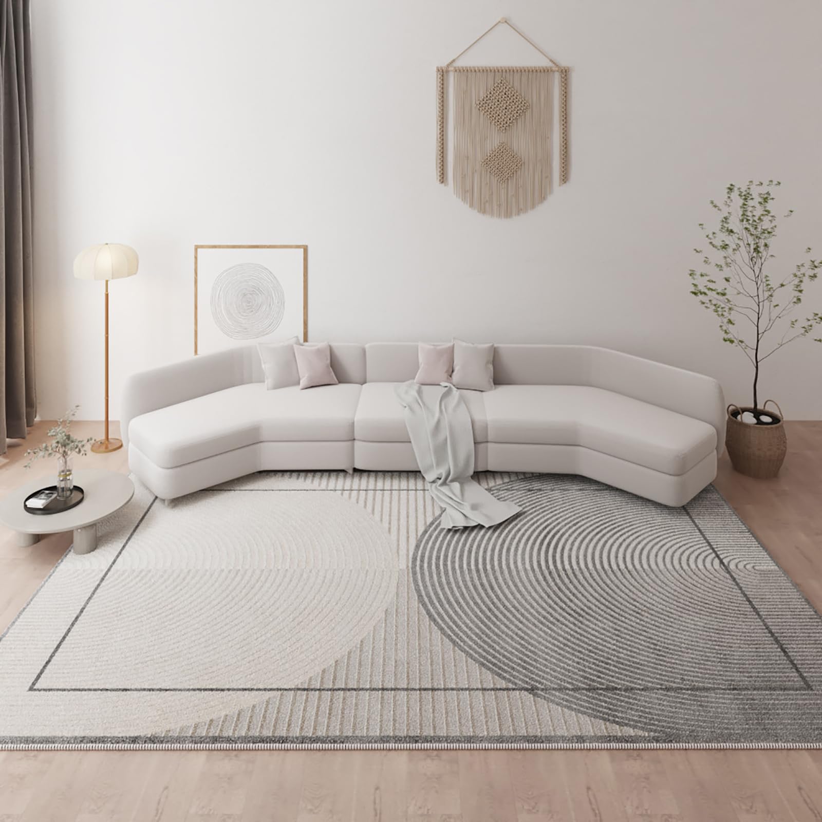 Tapis Salon Décoration intérieure,Gray,200 x 200 cm,Design Moderne à Rayures circulaires Gris Noir,Tapis Carré Doux Poils Ras Chambre Salle d'étude,